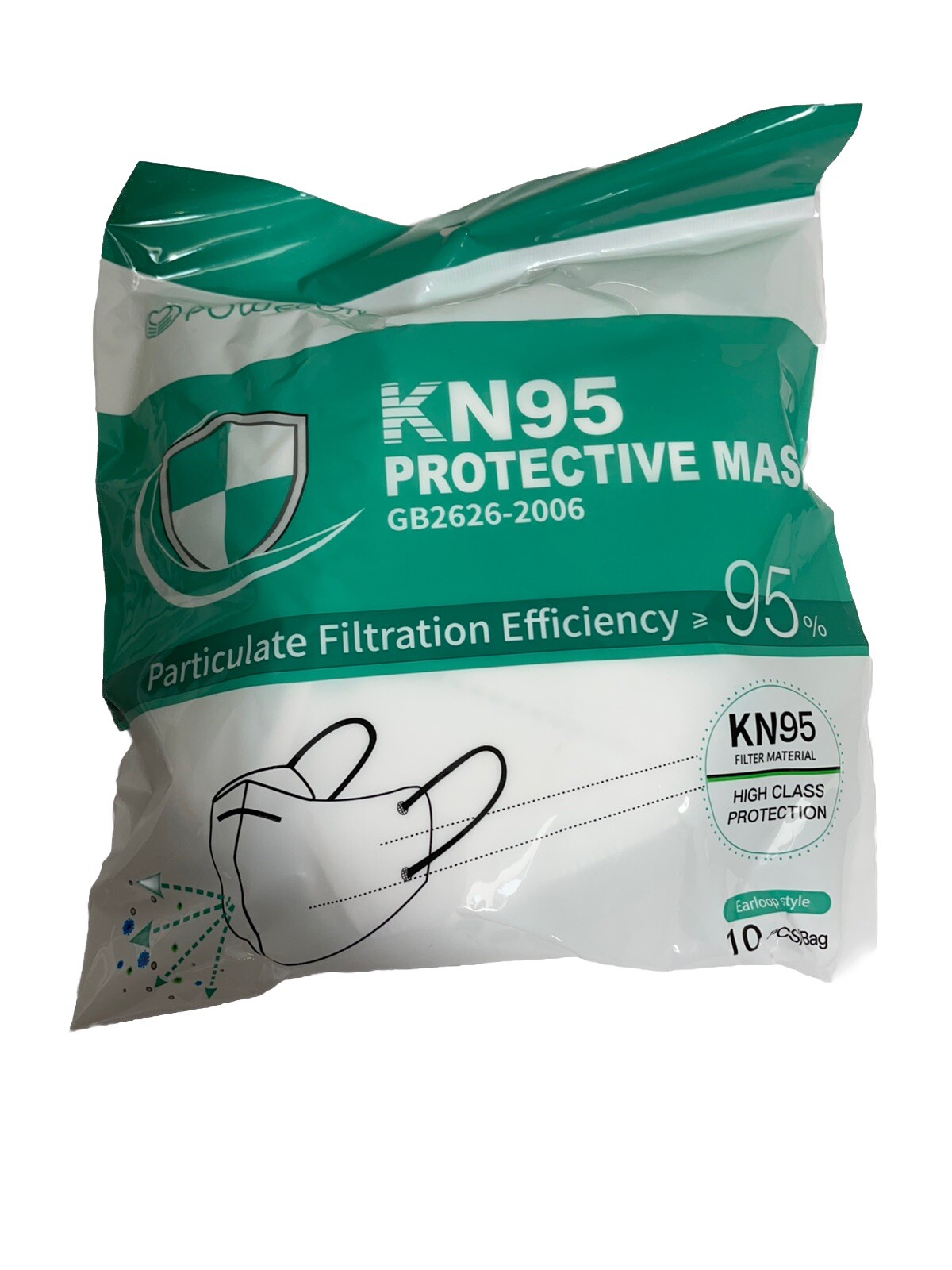 Powecom KN95 Protective Face Mask Respirator GB2626-2006 White 10 Pieces