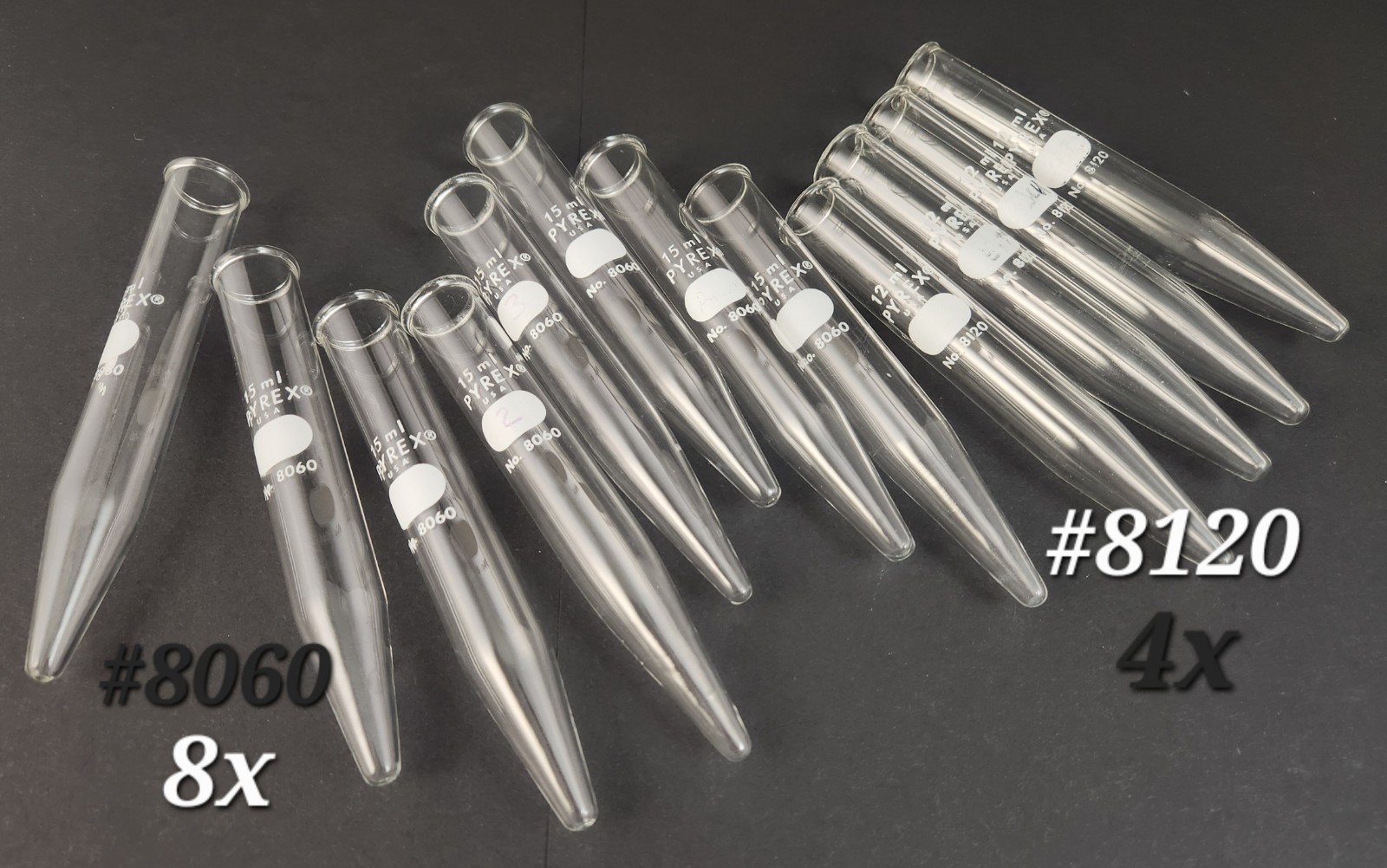Lot of 12 Pyrex Conical glass Centrifuge Tubes #8060 #8120 15ml 12ml beaded rim