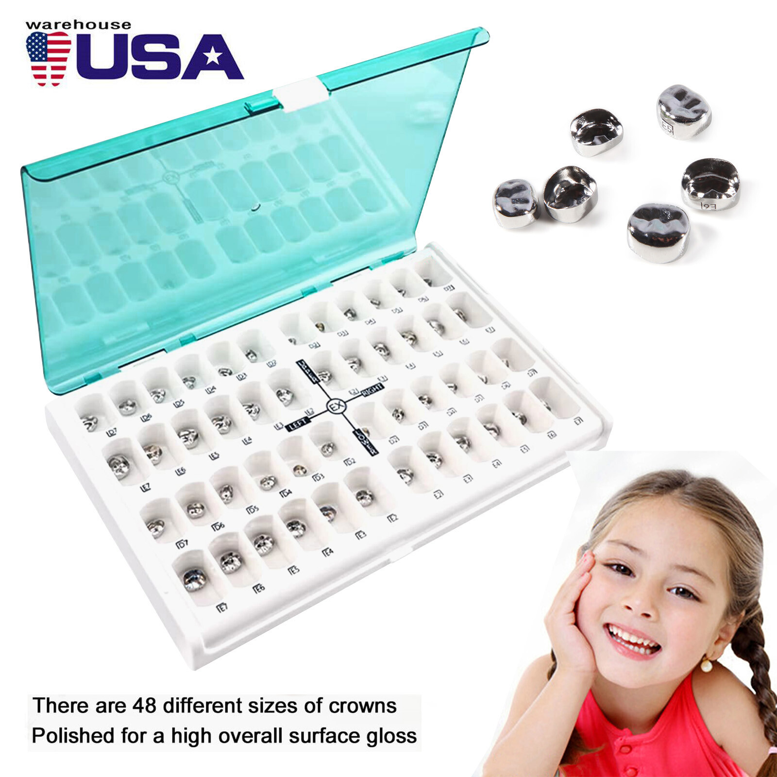 48pcs Stainless Steel Dental Kids Primary Molar Crowns Preformed Pediatric USA