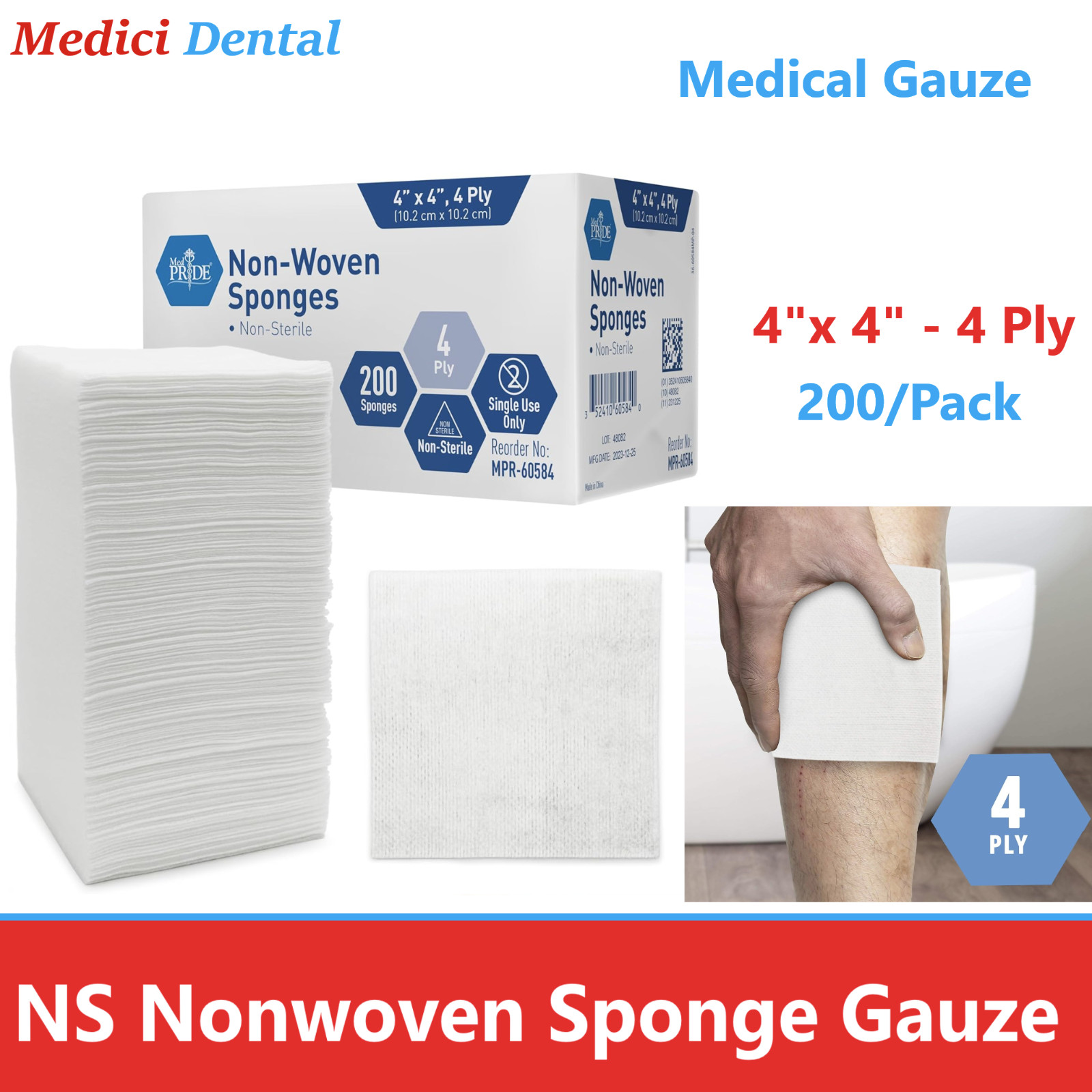 Non Woven Gauze Sponges 4 x 4 – Non-Sterile- 4-ply – 200/Pk Sponge Cotton Large