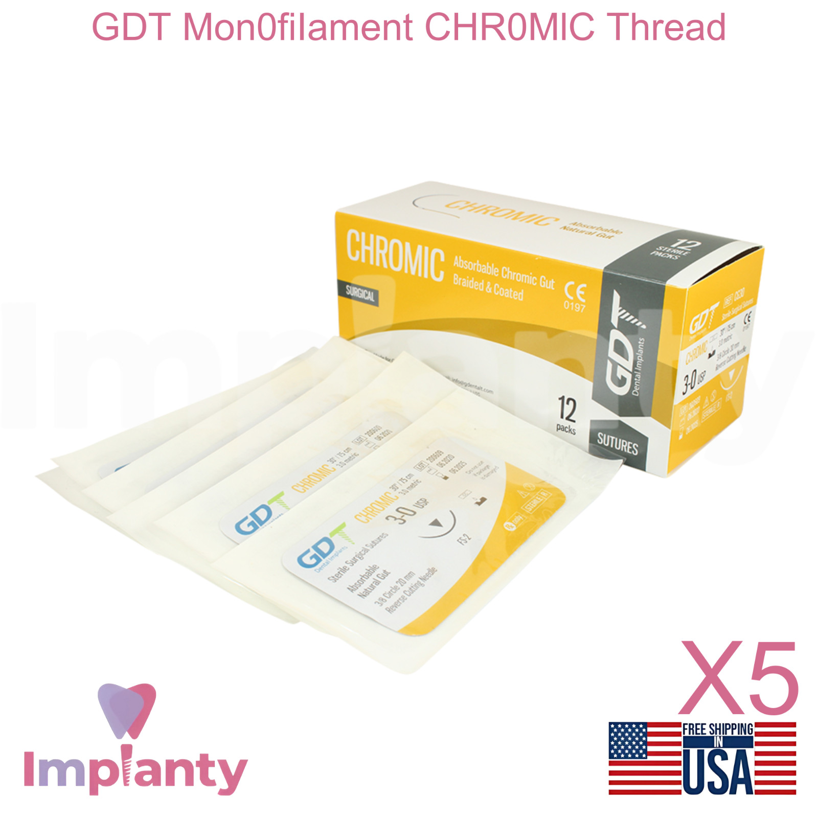 5x GDT Mon0fiIament CHR0MlC Dental Thread Collagen Material 3/8 Circle 20.0mm