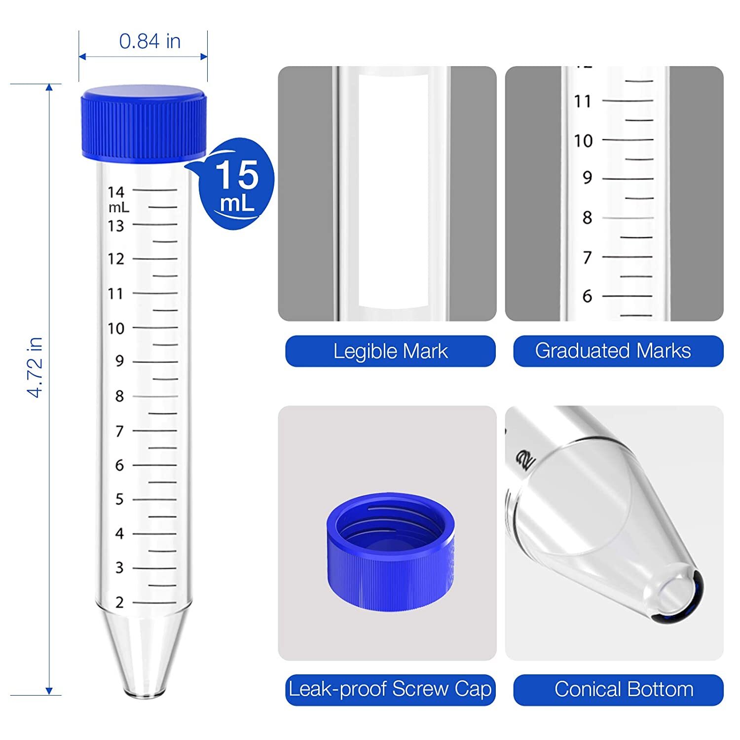 2500x 15mL Polypropylene STERILE Centrifuge Tubes Caps Conical Bottom LEAK-PROOF