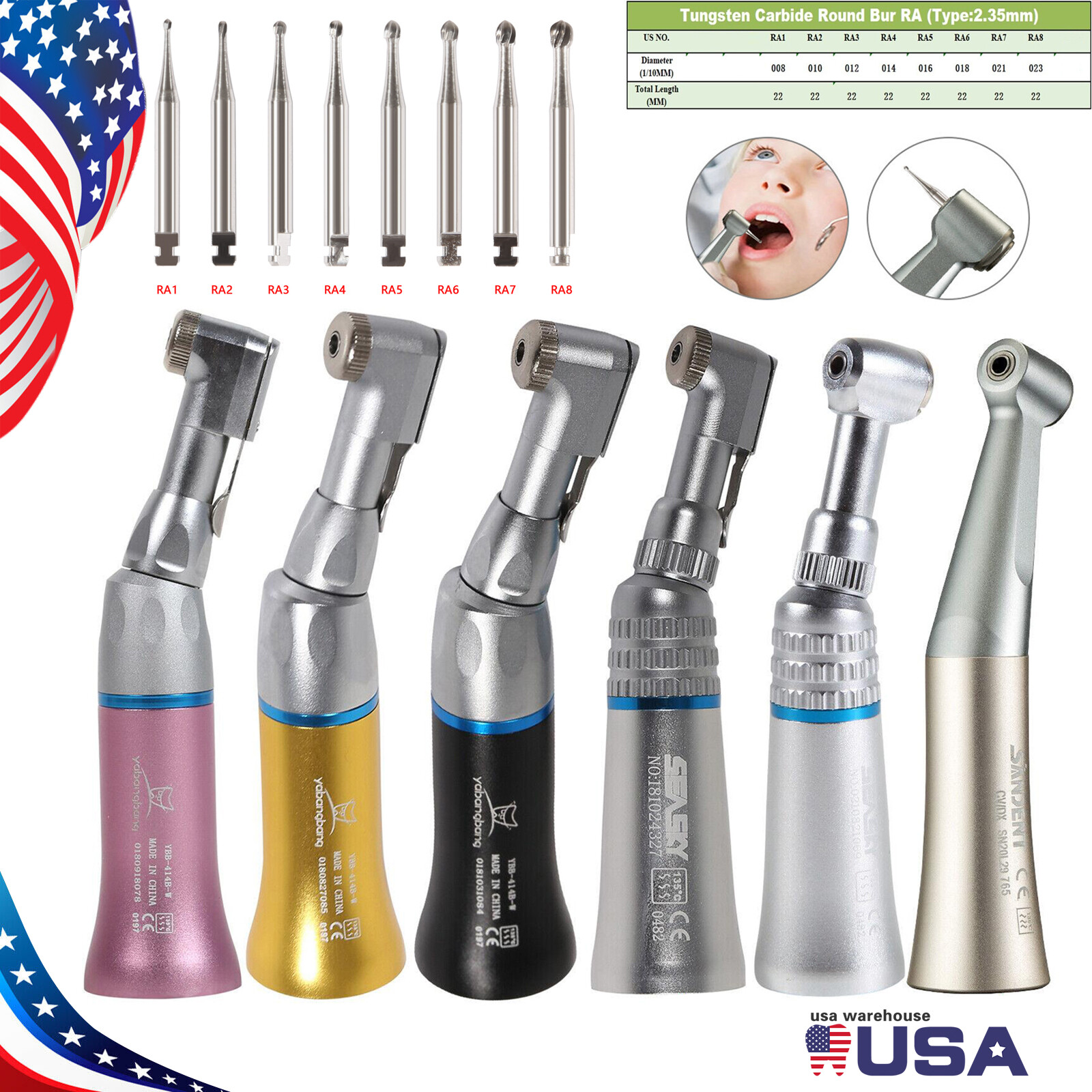 Low Speed Contra Angle Handpiece /Tungsten Steel Carbide Burs RA1-RA8 Dental