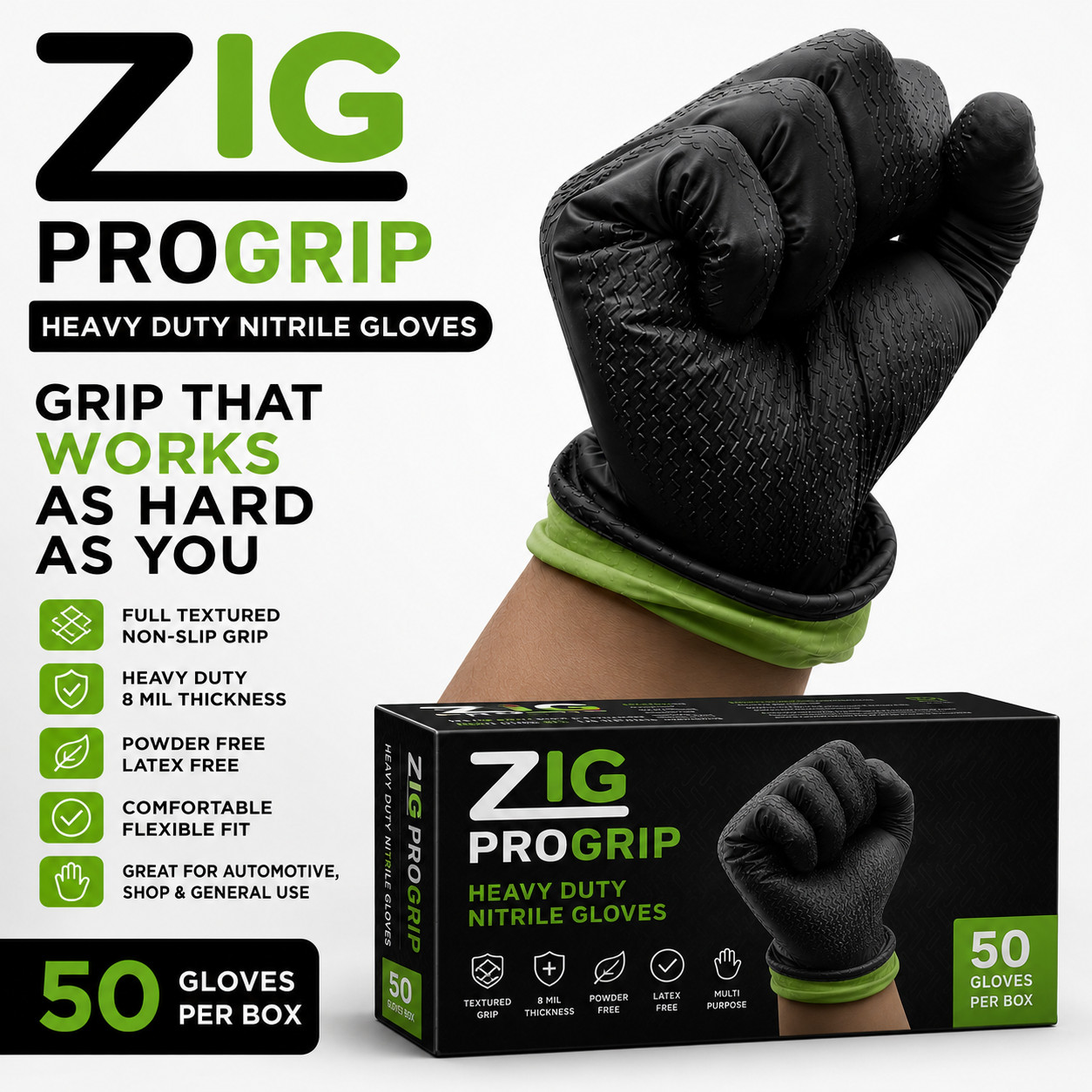 ZIG ProGrip Heavy Duty Nitrile Gloves 8 Mil Textured Grip 50 Pack