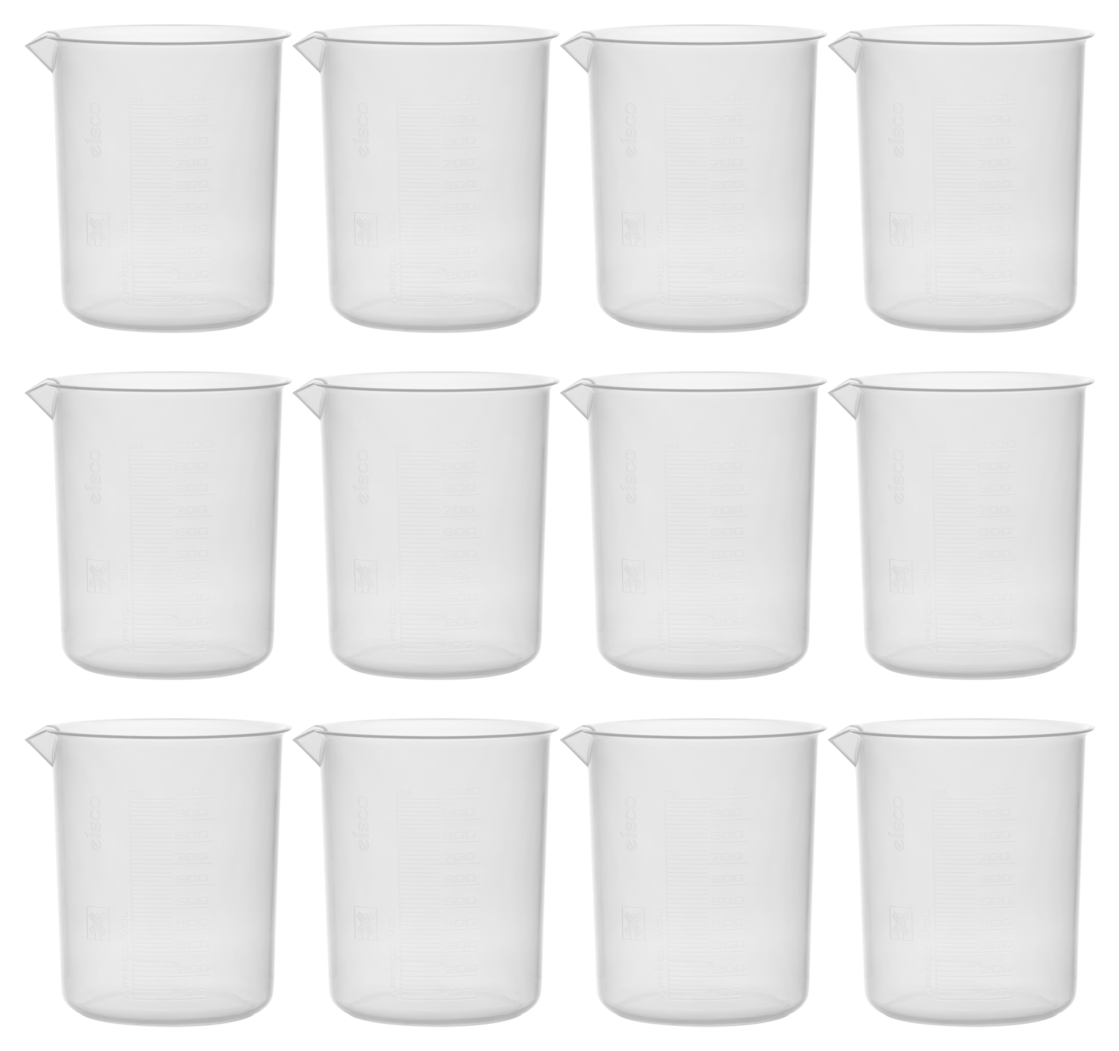 Eisco Labs 1000ml Polypropylene Plastic Beakers, Raised Graduations – 12 Pack