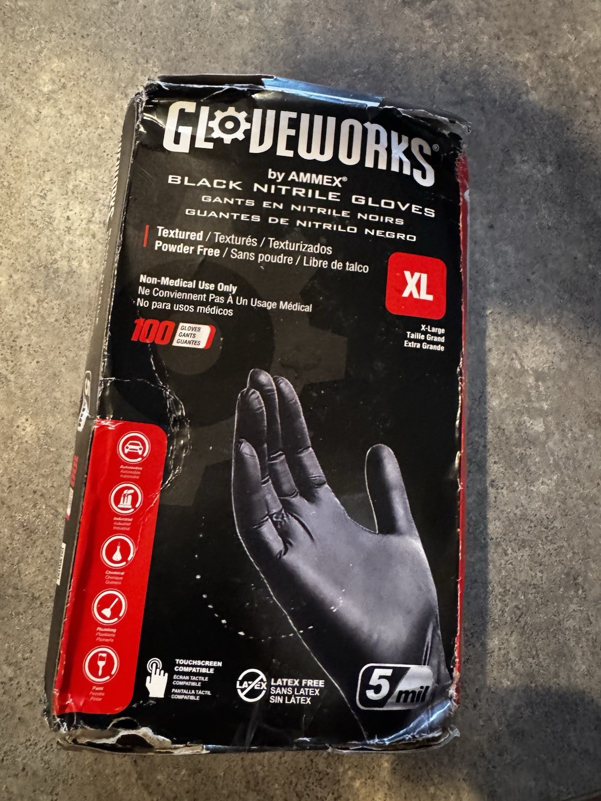Gloveworks GPNB48100 Non-Sterile Gloves, XL, Nitrile, Powder-Free, Black