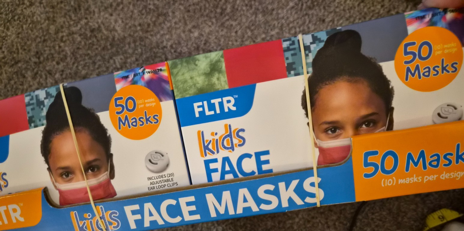 Lot of 6, FLTR Kids Face Masks 5 Designs 50 Pack, 20 adjustable ear loop clips