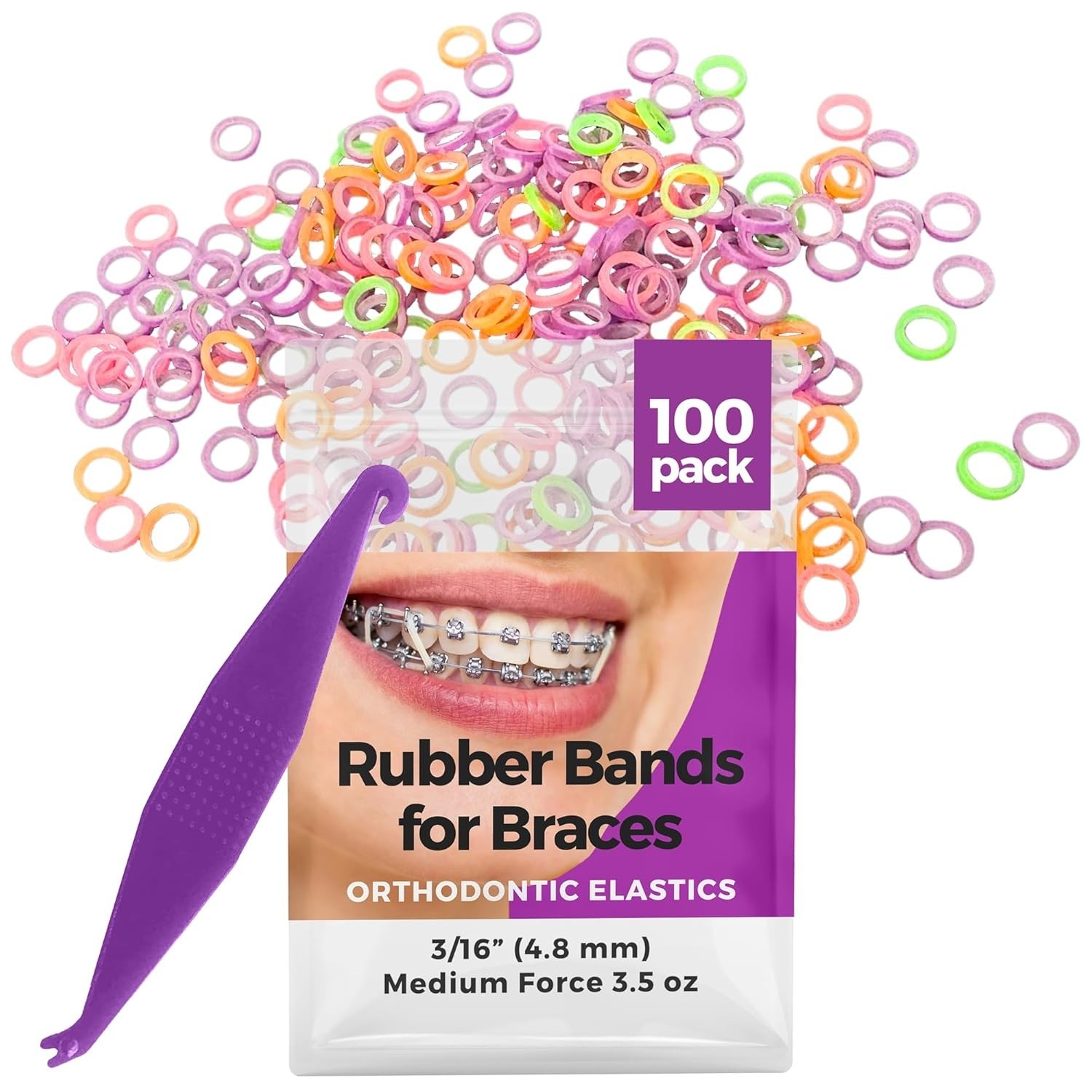 Comfortable Fit 3/16 Inch Neon Rubber Bands for Braces & Hair – Includes Placer
