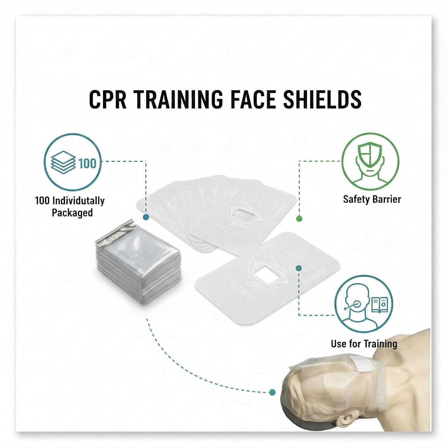 CPR Face Shield Masks – 100 Pack Individually Wrapped Rescue CPR Training Shield