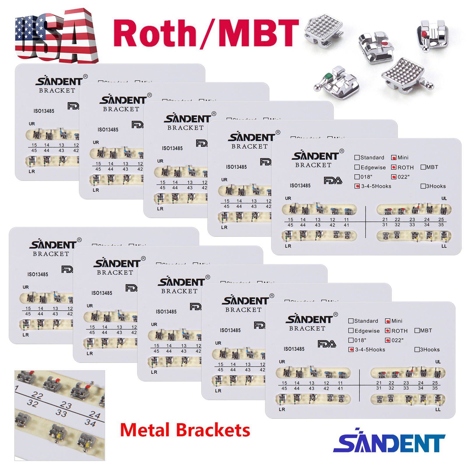 10 Packs YBB Dental Metal Brackets Mini/Standard MBT/Roth 022 Hooks 3/345