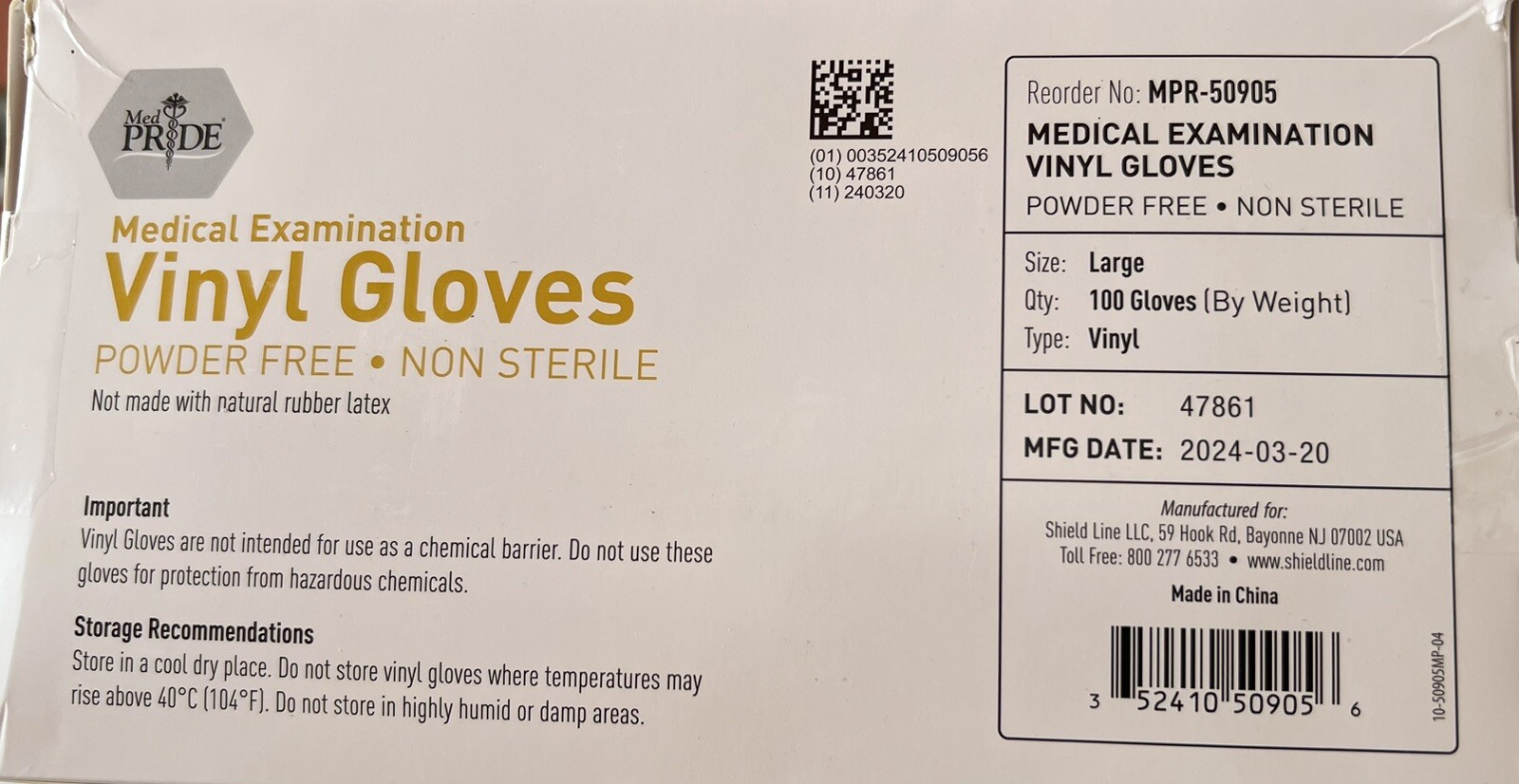 Medpride Medical Vinyl Examination Gloves, Latex Free Rubber, Size Large -100/Bx