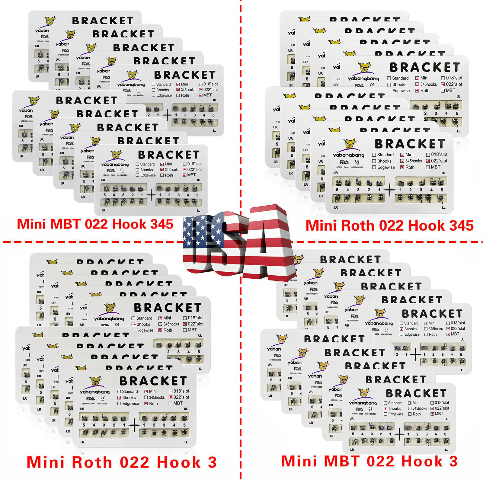 10 Packs YBB Dental Metal Brackets Mini/Standard MBT/Roth 022 Hooks 3/345