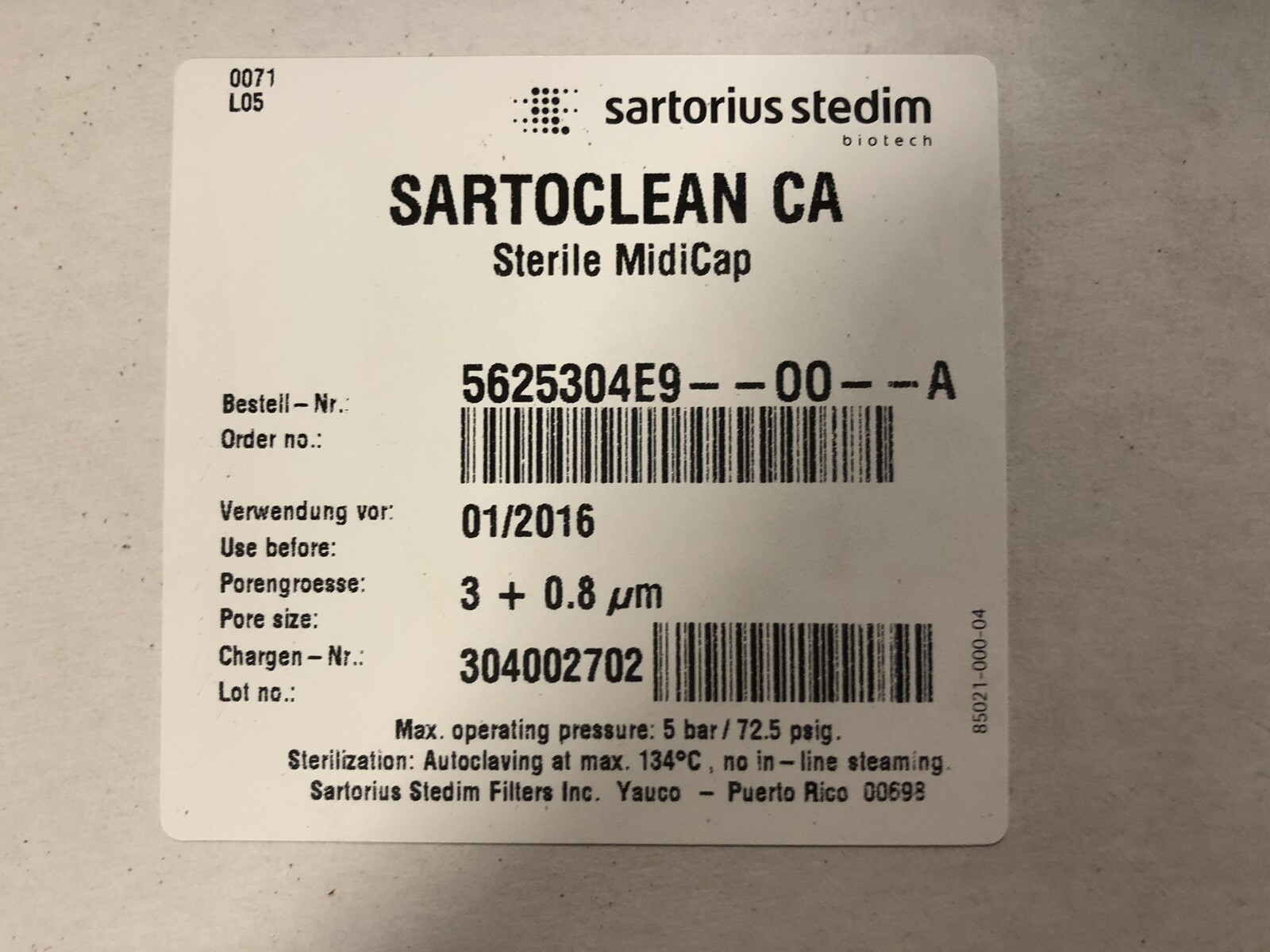 Sartorius Stedim SARTOCLEAN CA 3 + 0.8um MIDICAP (2 In Box As Shown In Pictures)