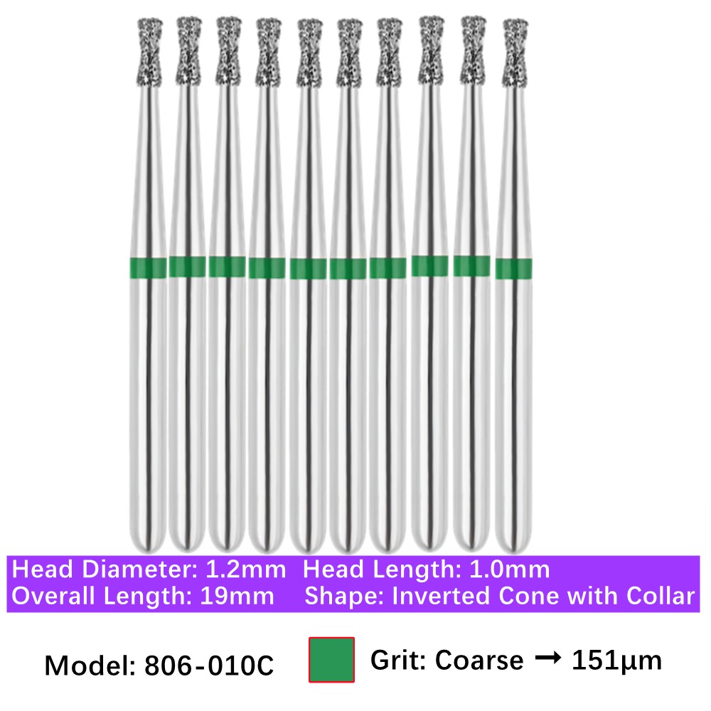 Vakker 10pc Dental 806-010C FG Diamond Bur Coarse Grit Inverted Cone with Collar