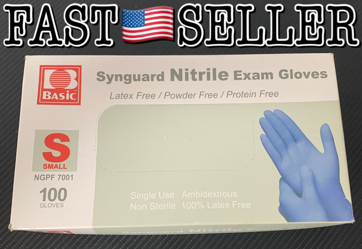 Synguard Nitrile Exam Gloves, Small 100/Box – Powder Free, Rubber Latex Free..