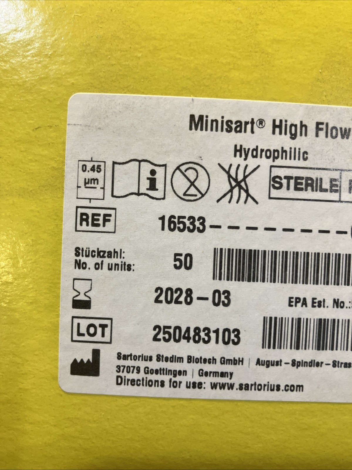 SARTORIUS Minisart High Flow Hydrophilic 0.45 um 16533- GUK (50/pack); EXP 03/28