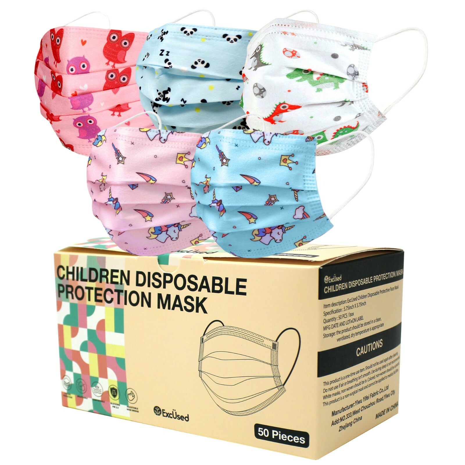 50 PCS Kids Children Animal Print 3-Ply Disposable Face Mask Earloop Mouth Cover