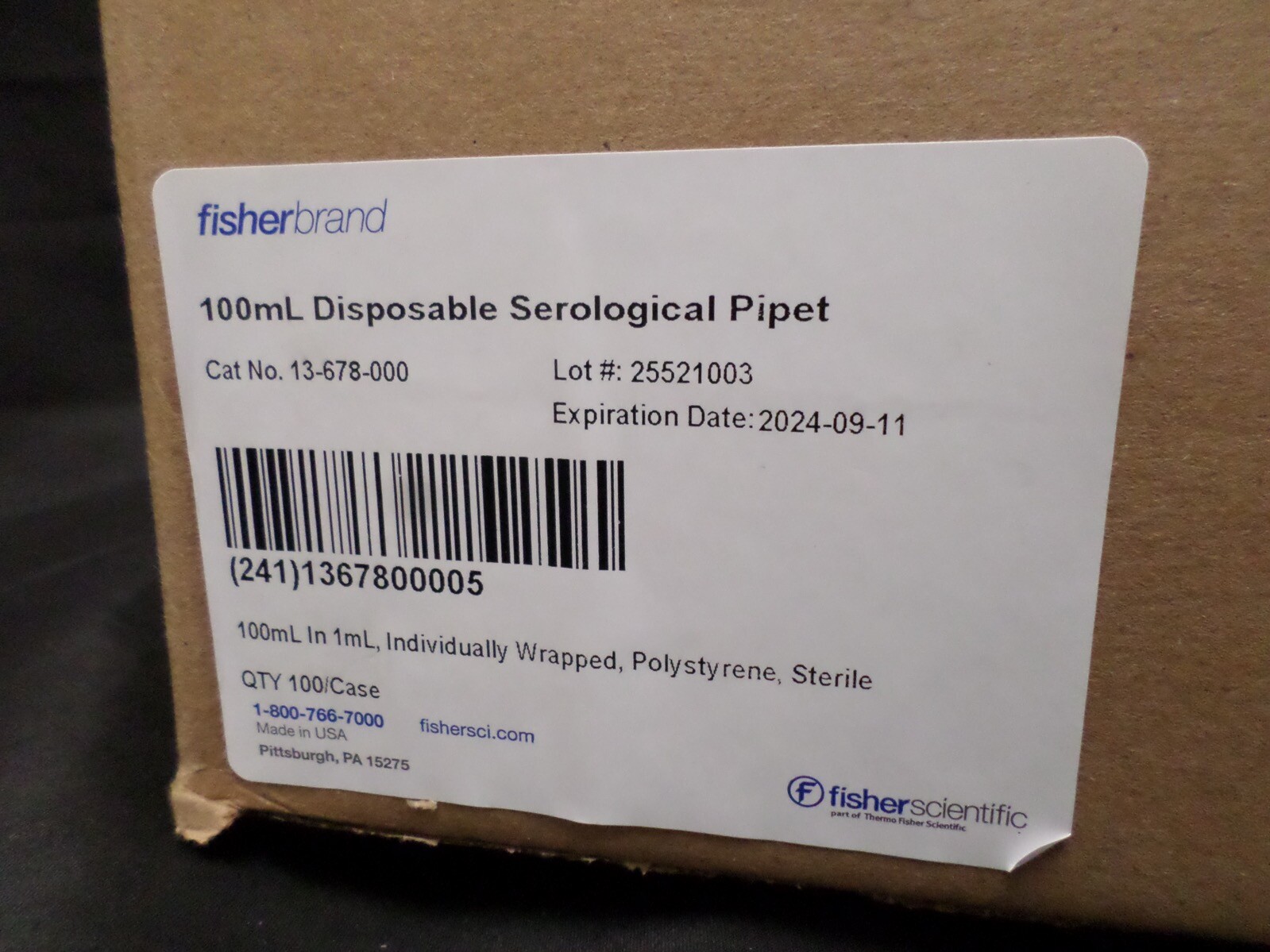 FISHERBRAND Polystyrene 100mL Sterile Serological Pipette 13-678-000 (100/cs)