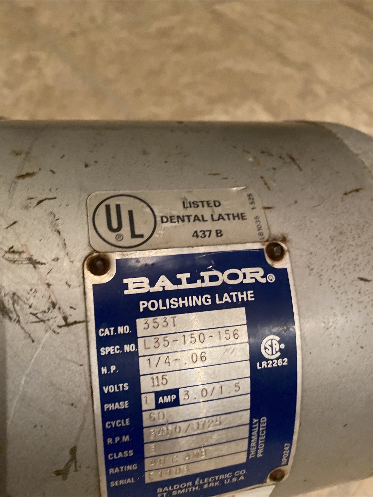 Baldor 437B Dental Polishing Lathe Two Speed 1/4 HP Cat. No. 353T 1725/3450 RPM
