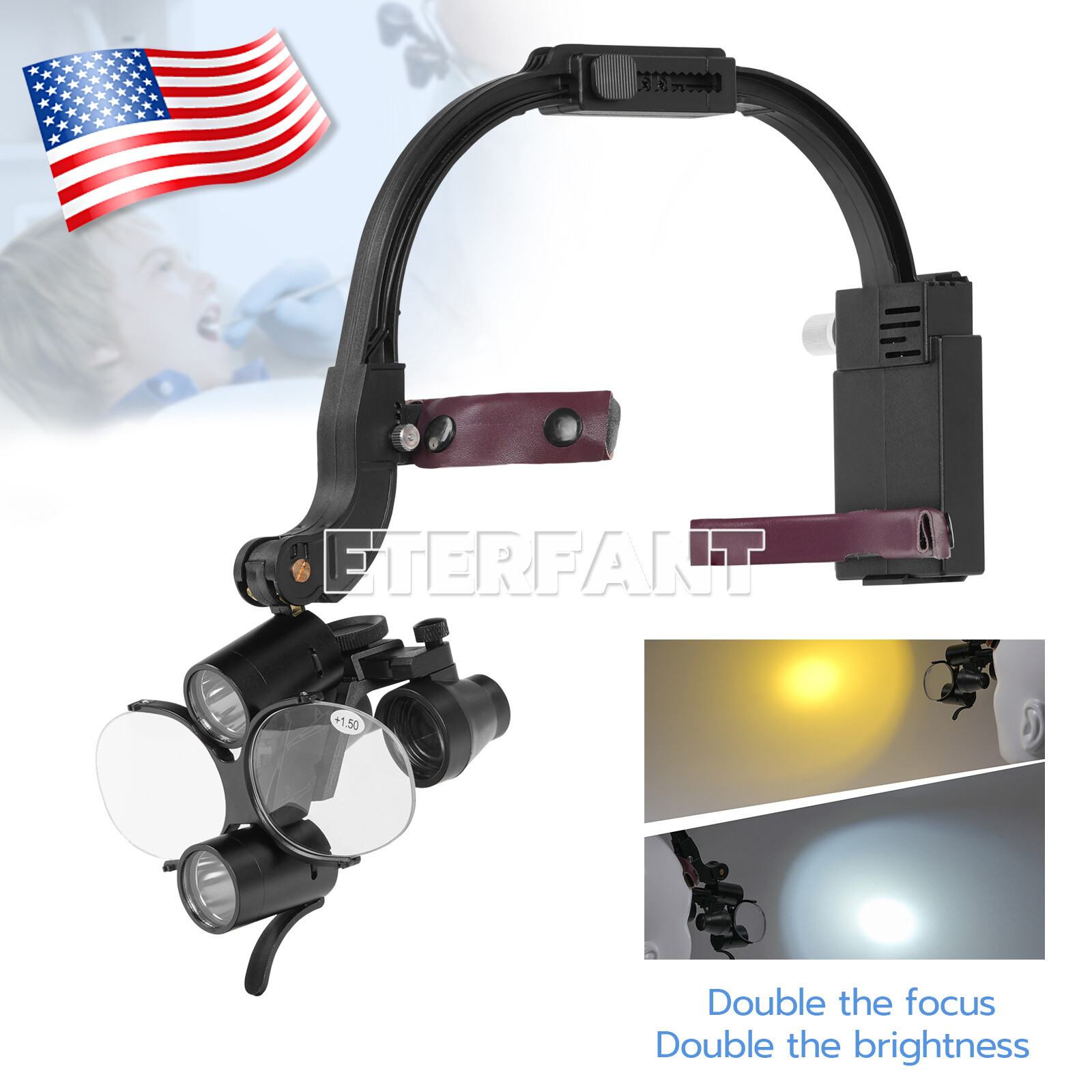 ETERFANT Dental 3.5X Headband Binocular Loupes with 5W LED Head Light 2Led Black