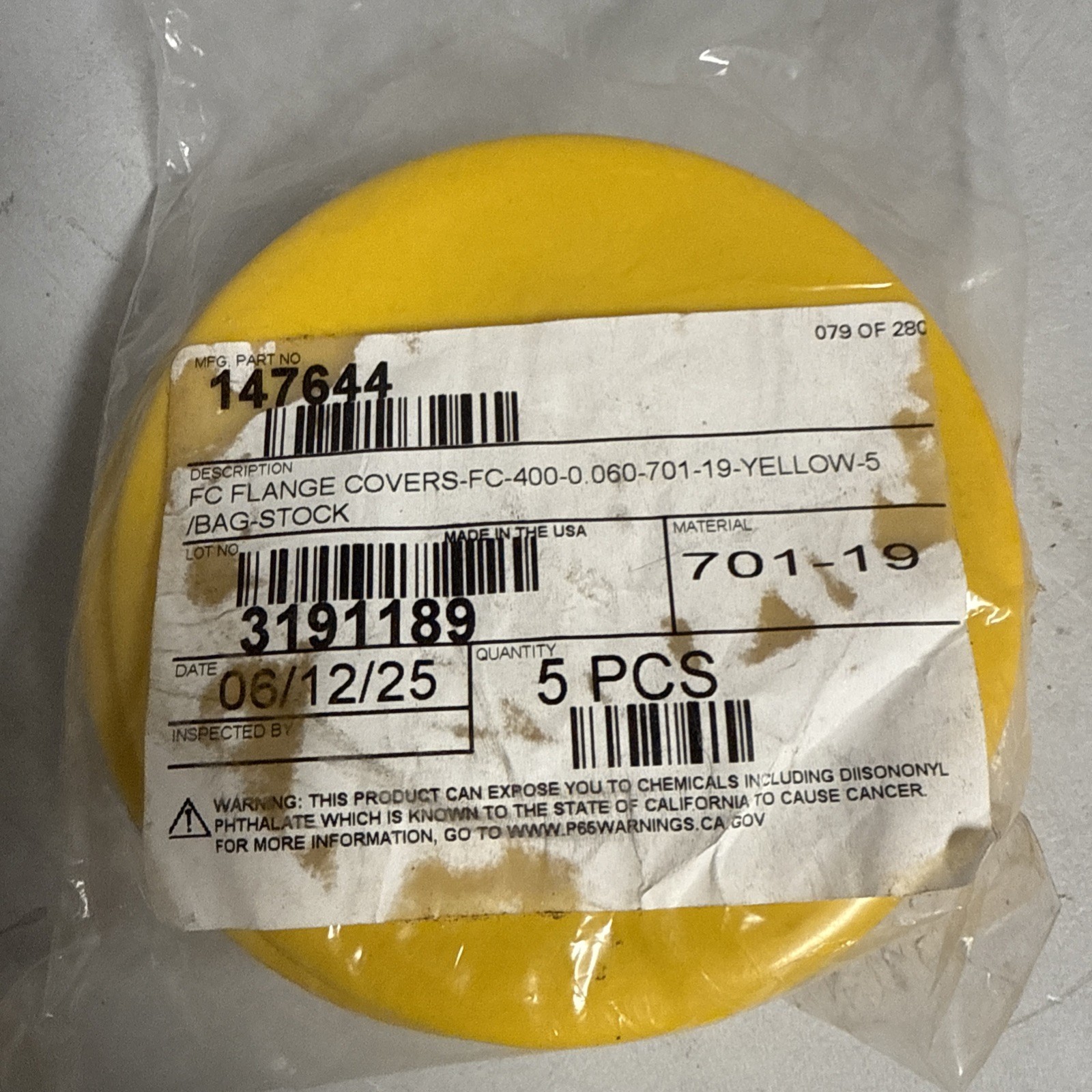 Lot of 5- FC Flange Covers (FC-400-0.060-701-19-YELLOW-5) 4.000″ x 4.690” 147644