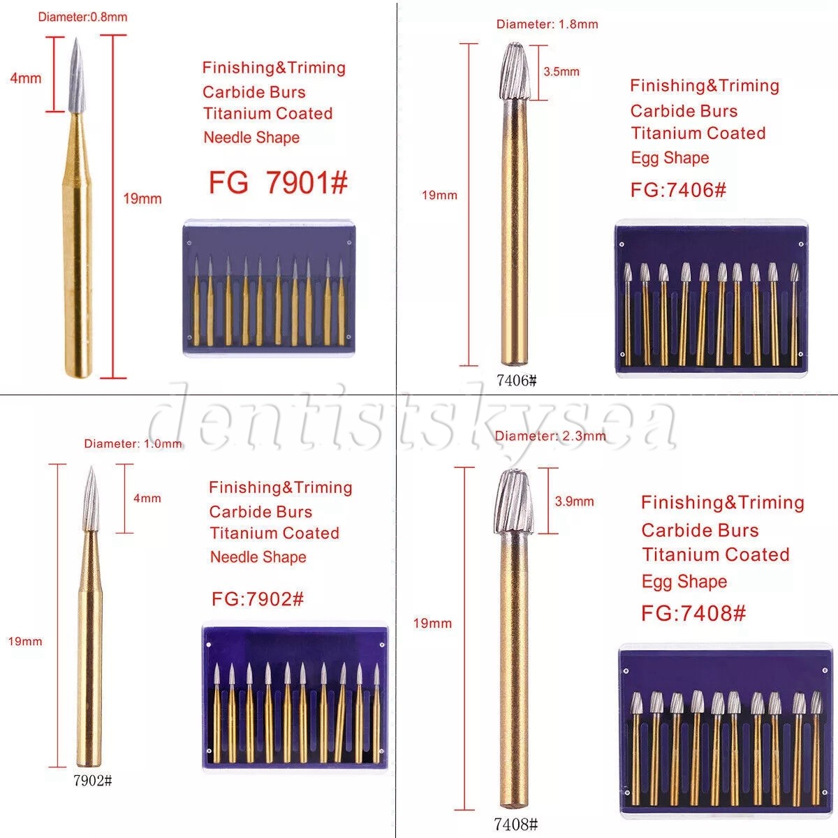 10 Pcs Dental Carbide Trimming & Finishing Burs FG7404/7406/7408/7901/7902/7903