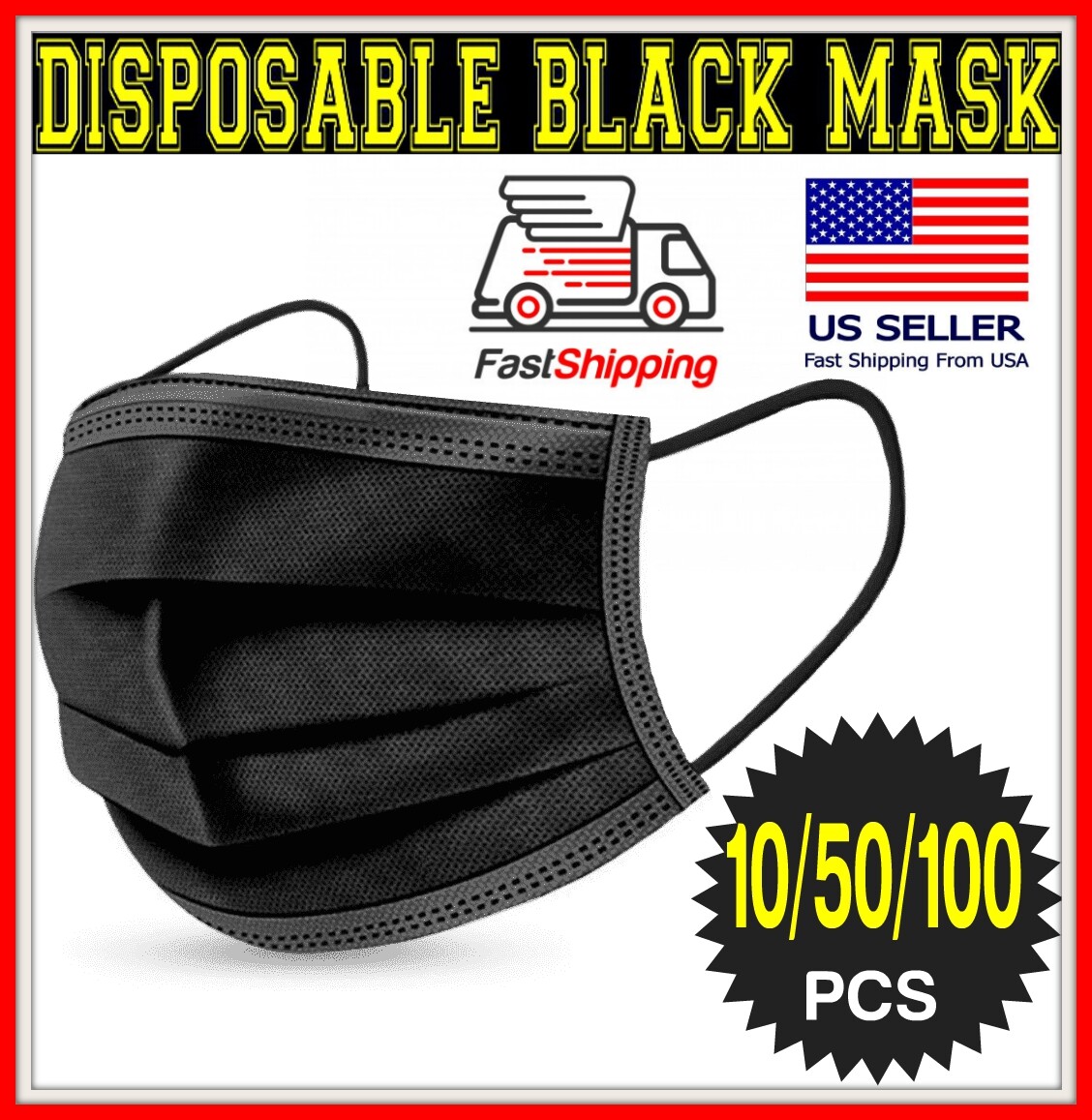 10/50/100 BLACK 3-Ply Face Mask Disposable Dental non Medical Surgical Cover