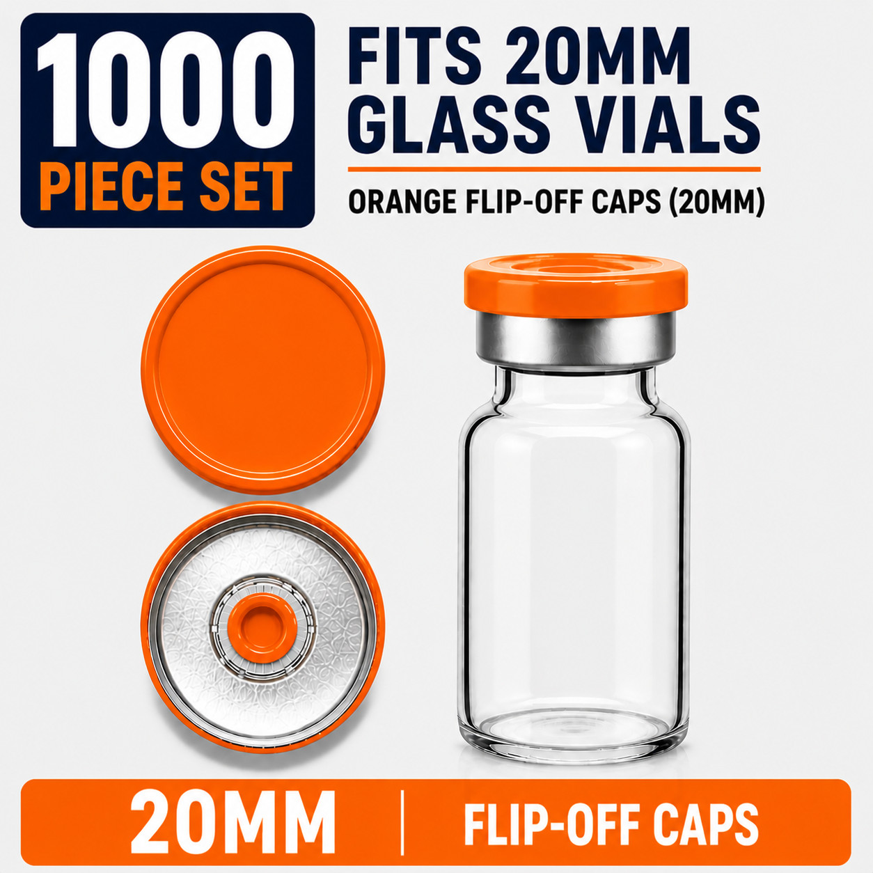 20mm Aluminum Shiny Flip Off Serum Vial Seals + Rubber plugs 1000