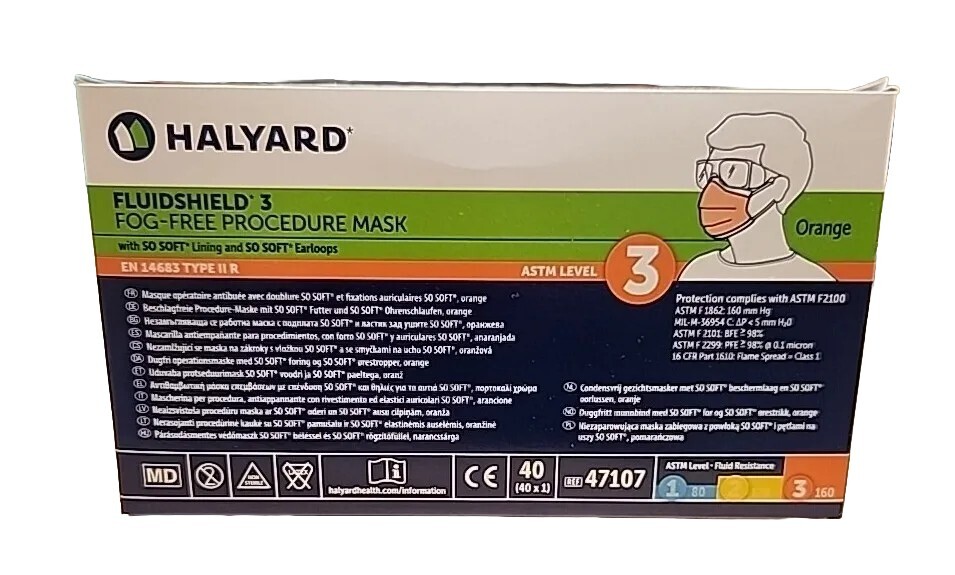 *40-Pieces* Halyard FluidShield Level 3 Procedure Face Mask Earloop Orange 47107