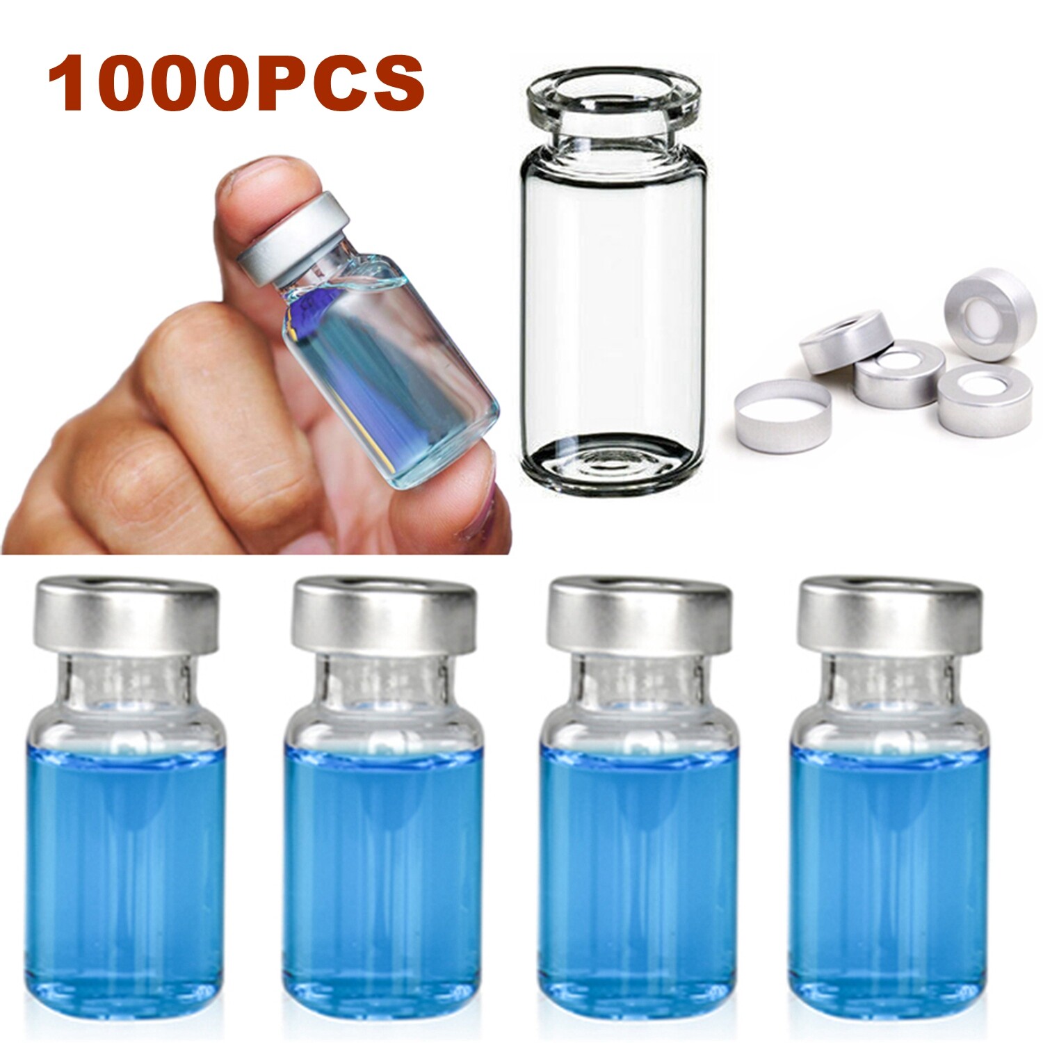 1000PCS 10ml Sample Vials+Aluminum Caps 20mm Crimp Top Clear Glass Bottle HPLC