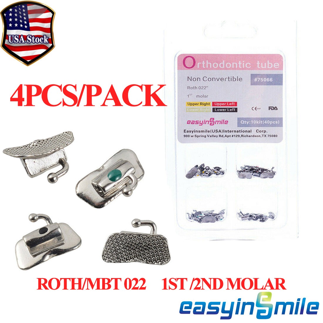 40Pcs Dental Buccal 1st&2nd Molar Tubes Orthodontic Bracket Non-con Bondable USA