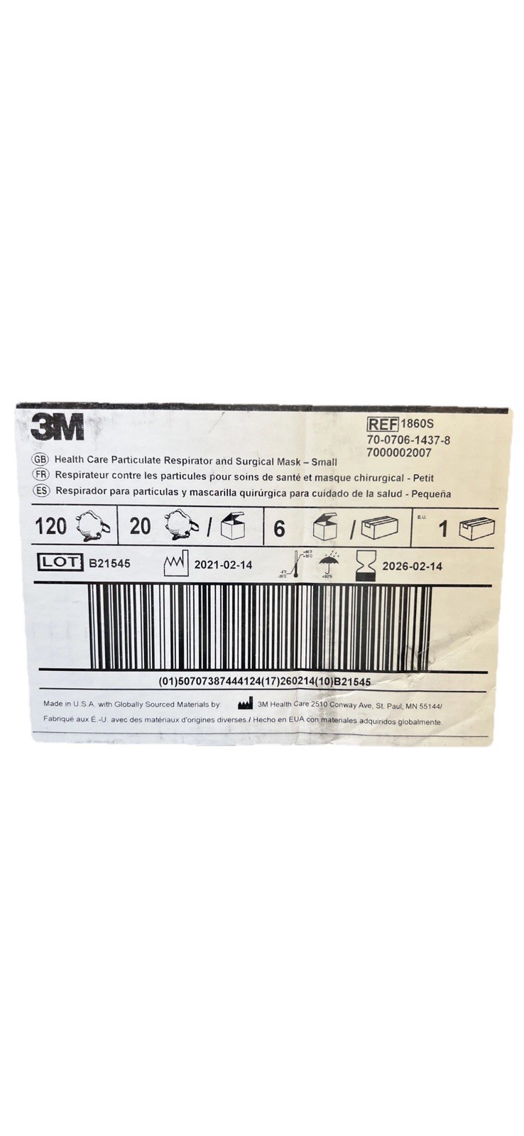 3M 1860S N95 Respirator Mask Case of 120 Small Size NIOSH, Surgical & Respirator