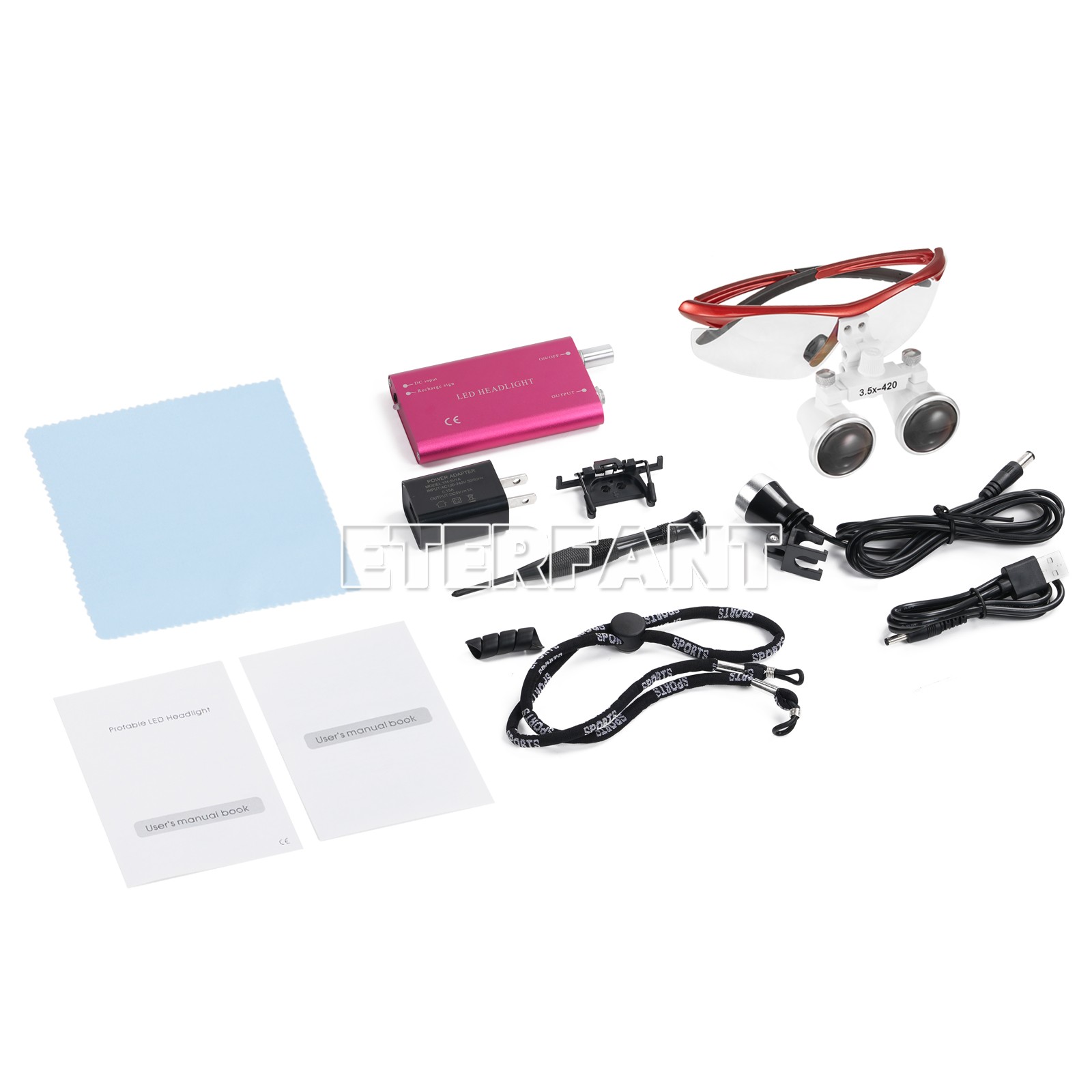 ETERFANT Dental Magnifier Medical Binocular Loupes Red+3W LED Head Light Lamp