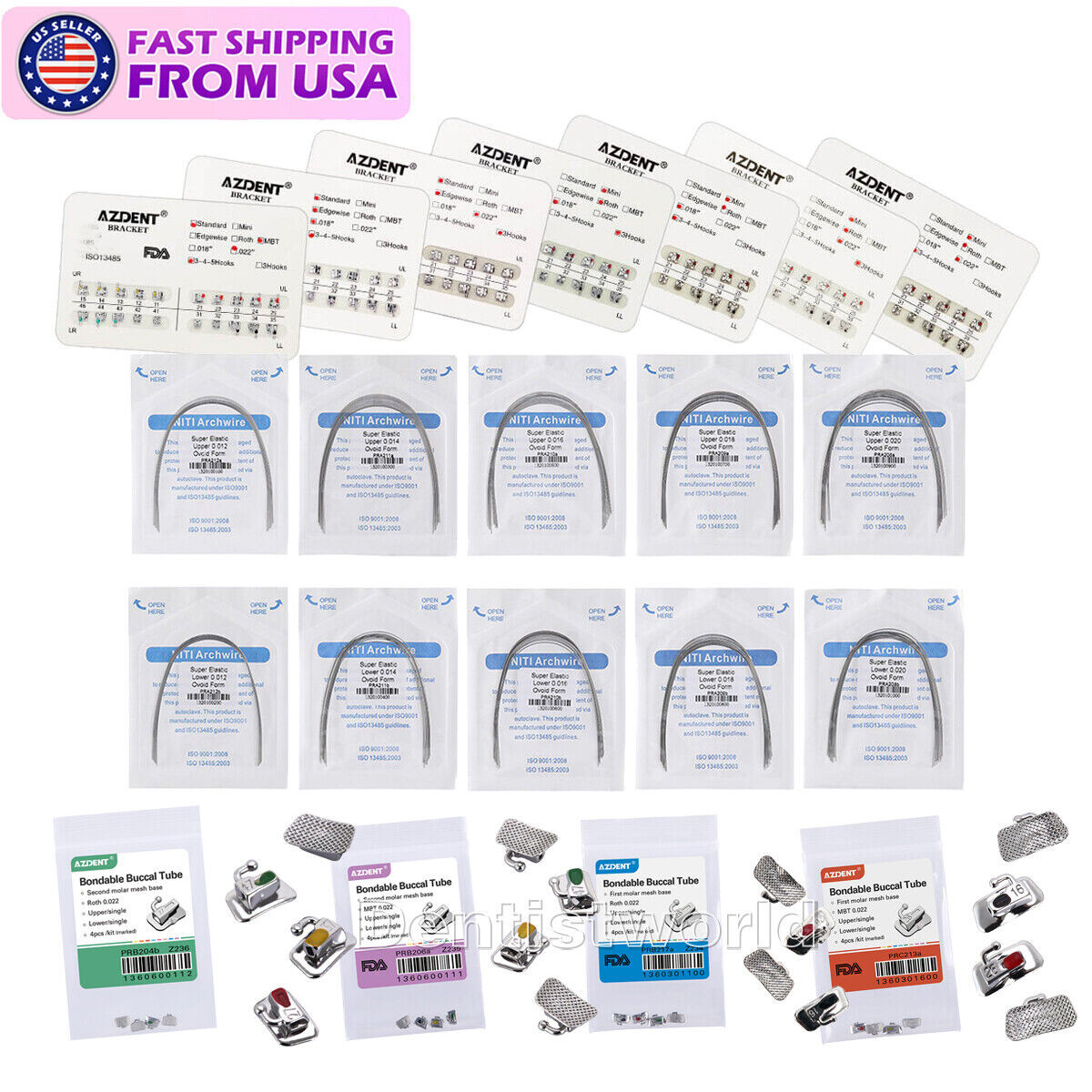 Dental Ortho Brackets Braces Mini Roth 018 022 Hook 345/Buccal Tubes/Arch Wires