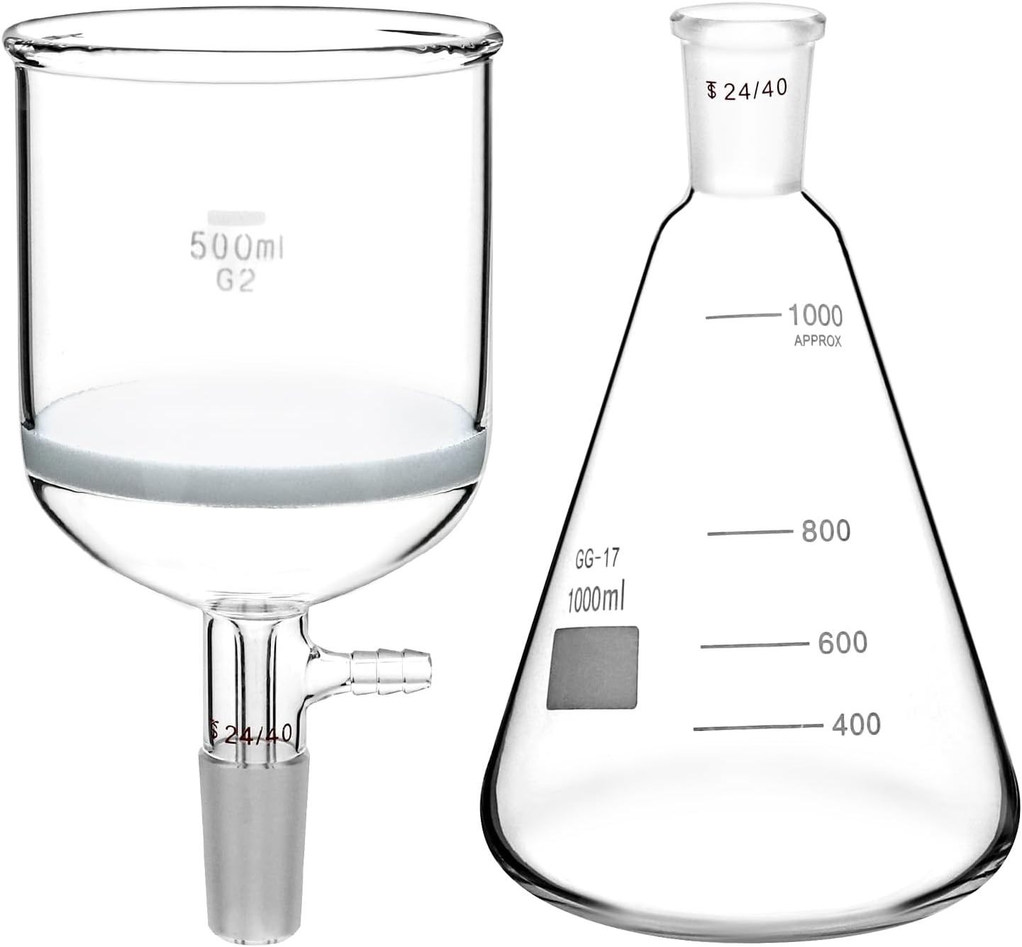Borosilicate Glass 500ml Buchner Filtering Funnel and 1000 mL Erlenmeyer Flask,