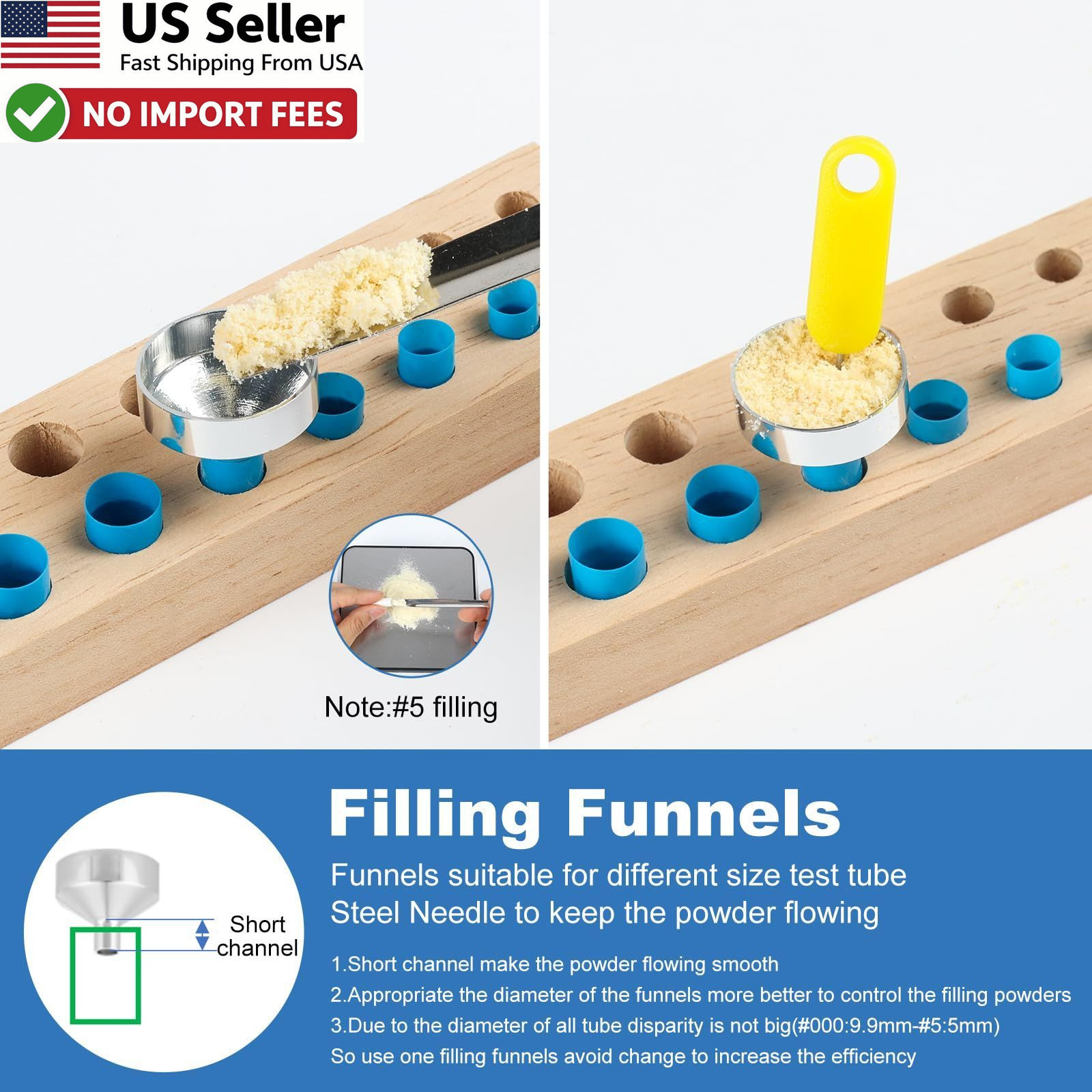 11 Pcs Filling Tools Lab Short Stem Funnels Holder Tweezers Spoons #000-5 USA