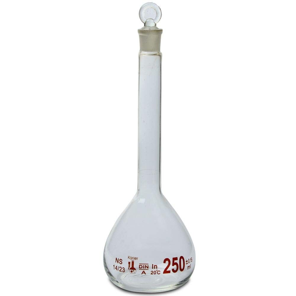 250ml Volumetric Flask 3.3 Boro Glass Class A Ground Stopper KarterSci (Single)