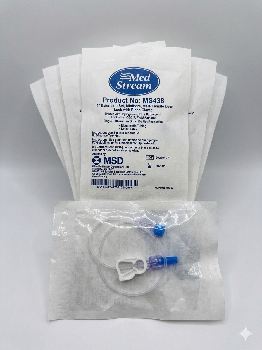 Lot of 7 Med Stream MS438 12″ IV Extension Sets Minibore Luer Lock Pinch Clamp