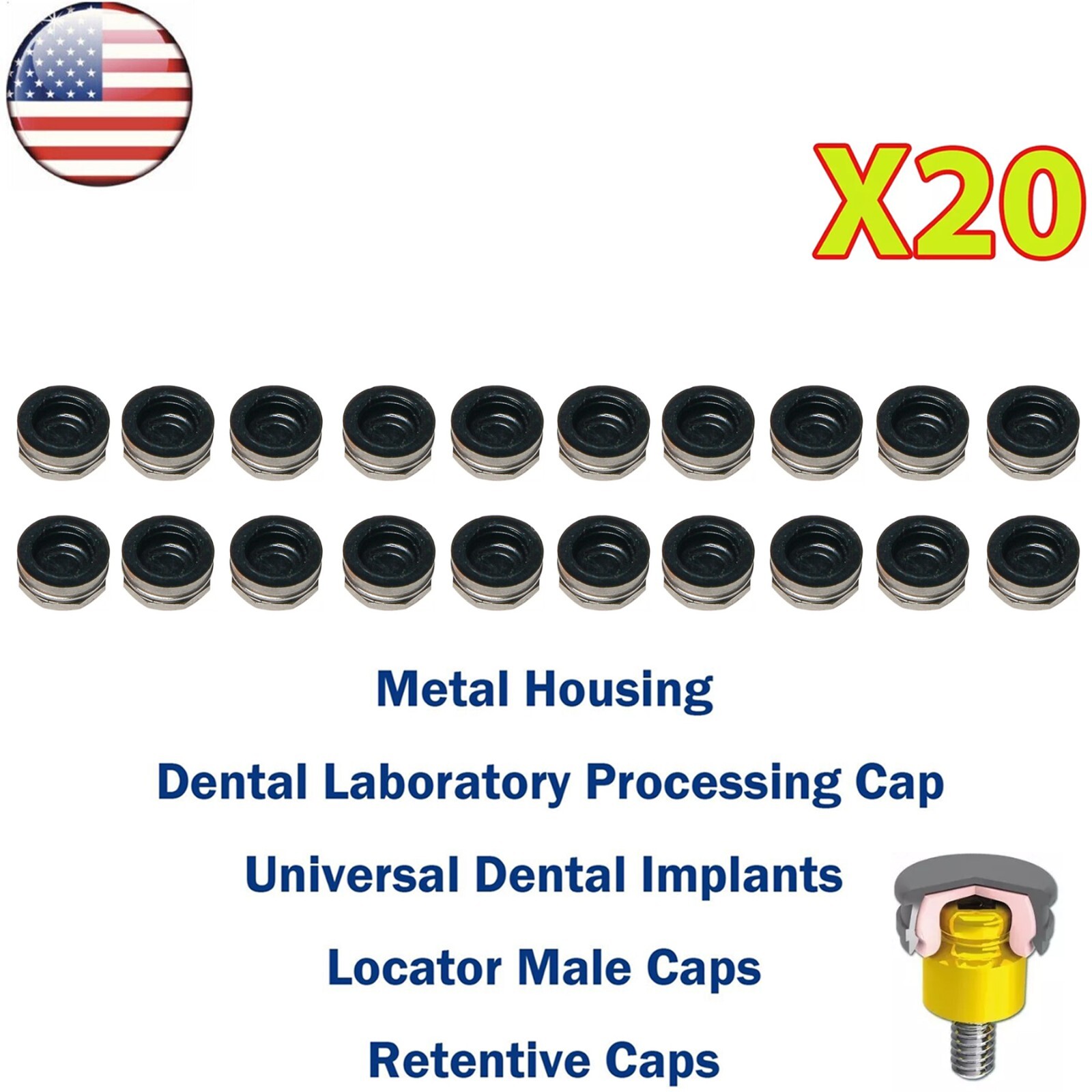 US 20Pcs Dental Overdenture Mini Retentive Caps 1.2/2.4lbs for Implants Locator