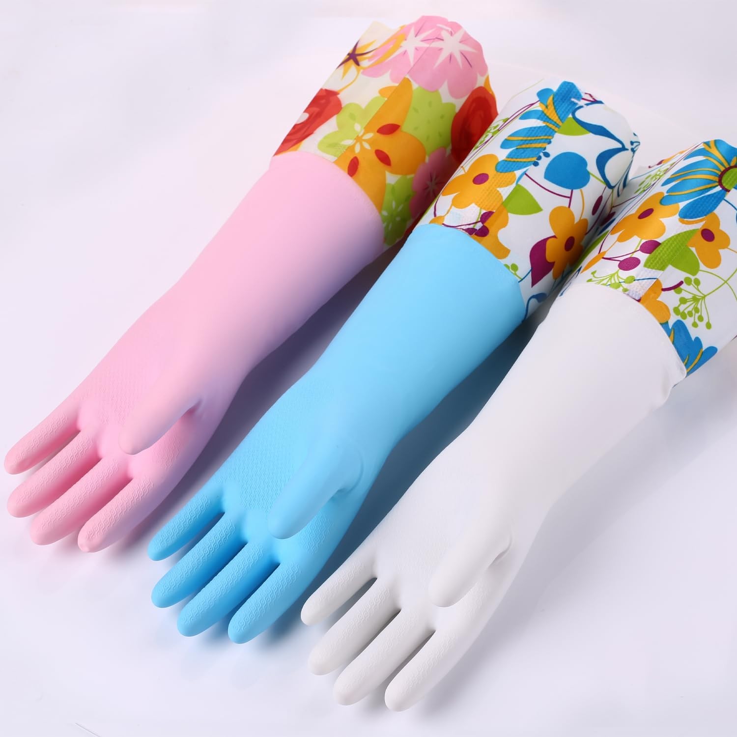 Rubber Cleaning Gloves, 3 Pairs, Long Cuff, Reusable, Non~Slip, Medium