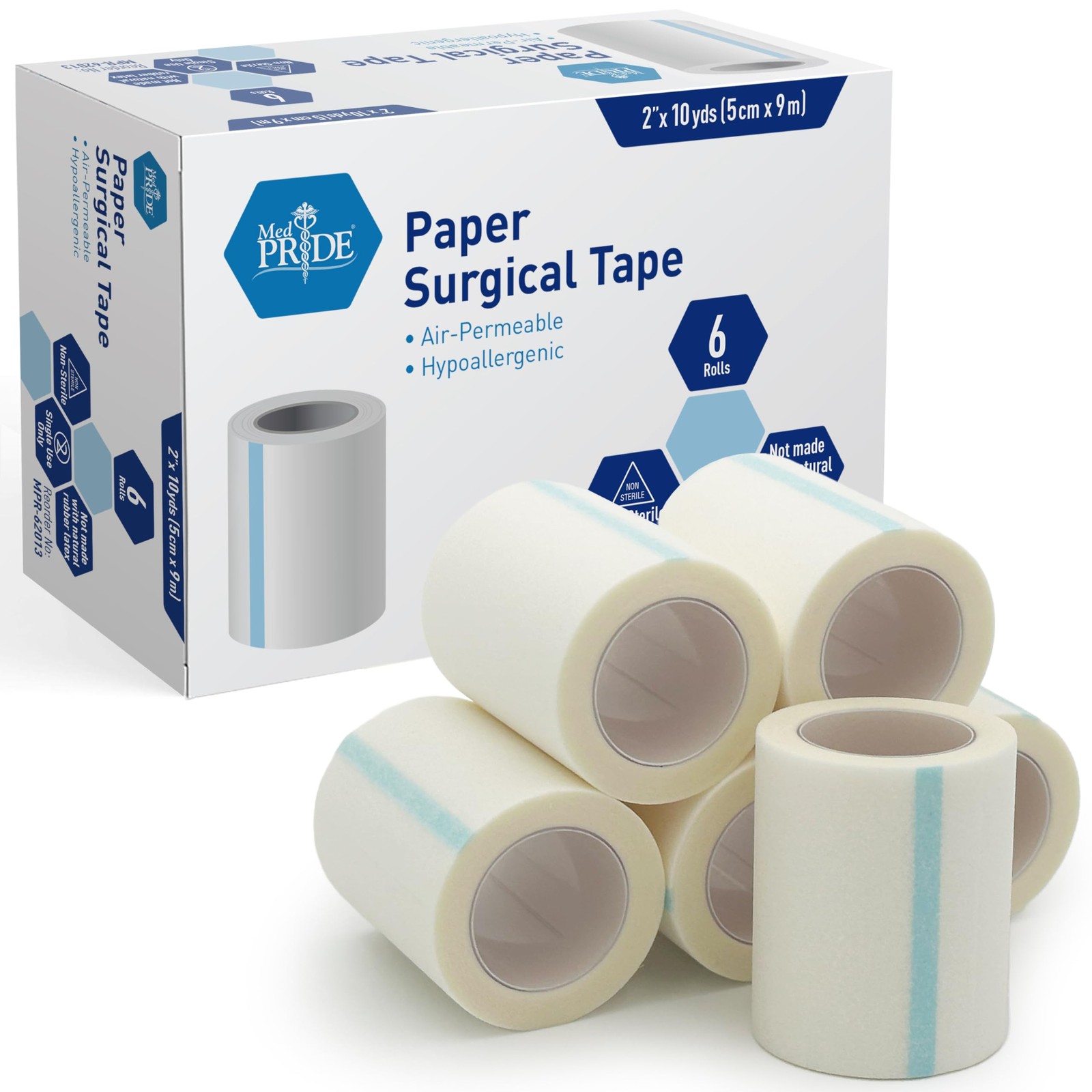 MED PRIDE Hypoallergenic Latex Free 2 Inch x 10 Yards (Pack of 6), White