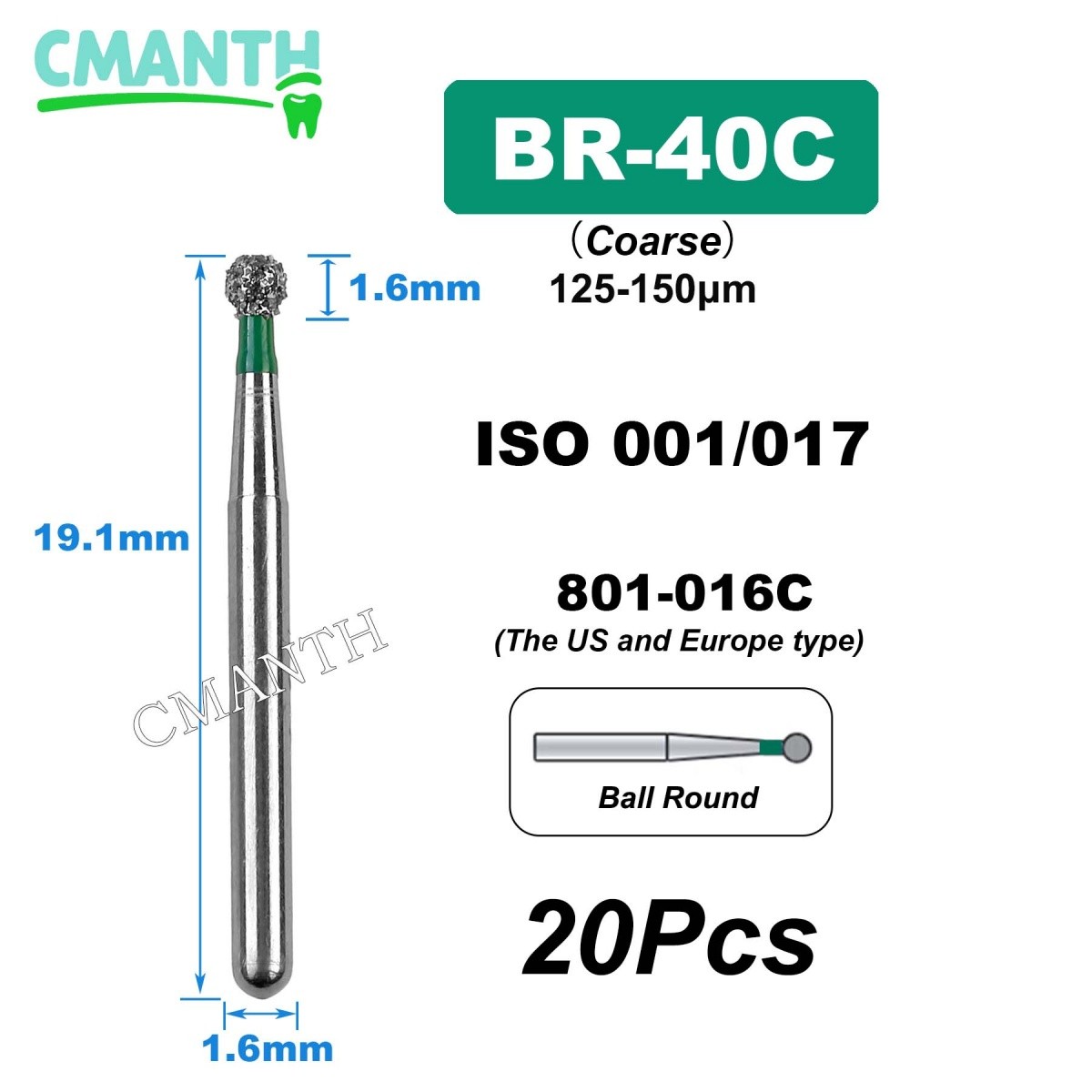 US BR Type Dental Diamond Burs Dentistry Strawberries High Speed Bur 1.6mm 20Pcs