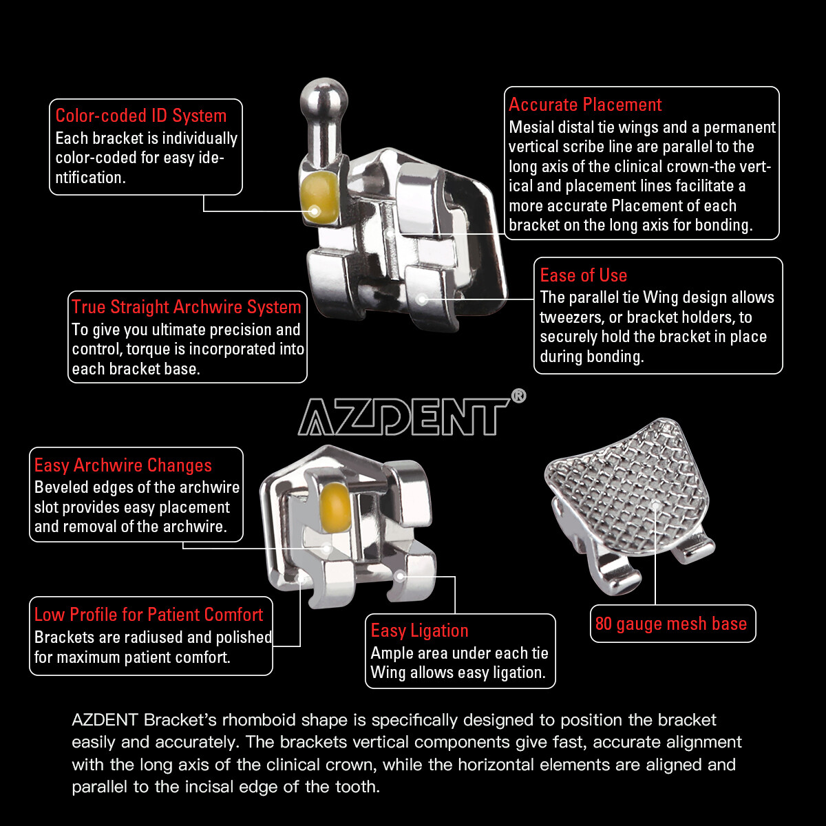 AZDENT 10X Dental Ortho Brackets Mini/Standard MBT/Roth Hooks 3 4 5/Bonding kit