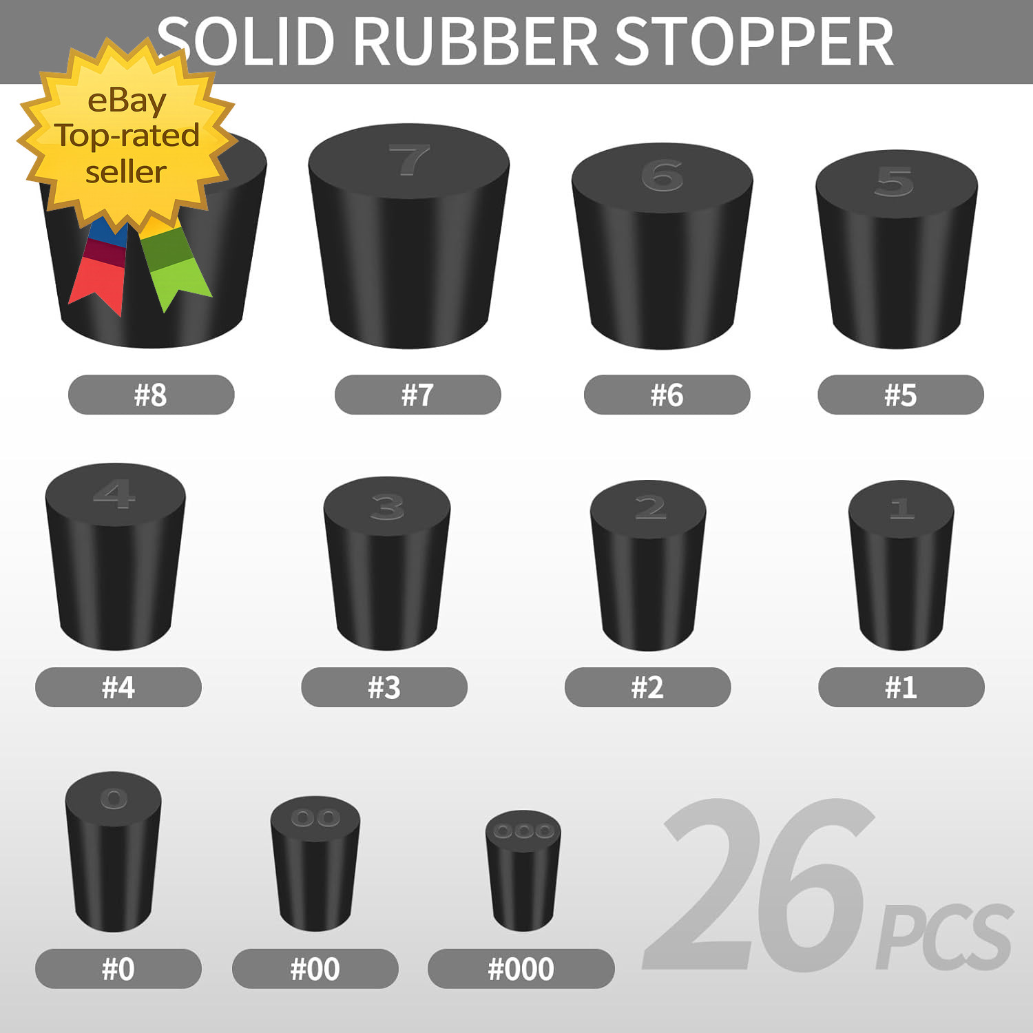 26 Pack Solid Rubber Stoppers – 11 Assorted Sizes Stopper Plugs, 000# – 8# Sizes