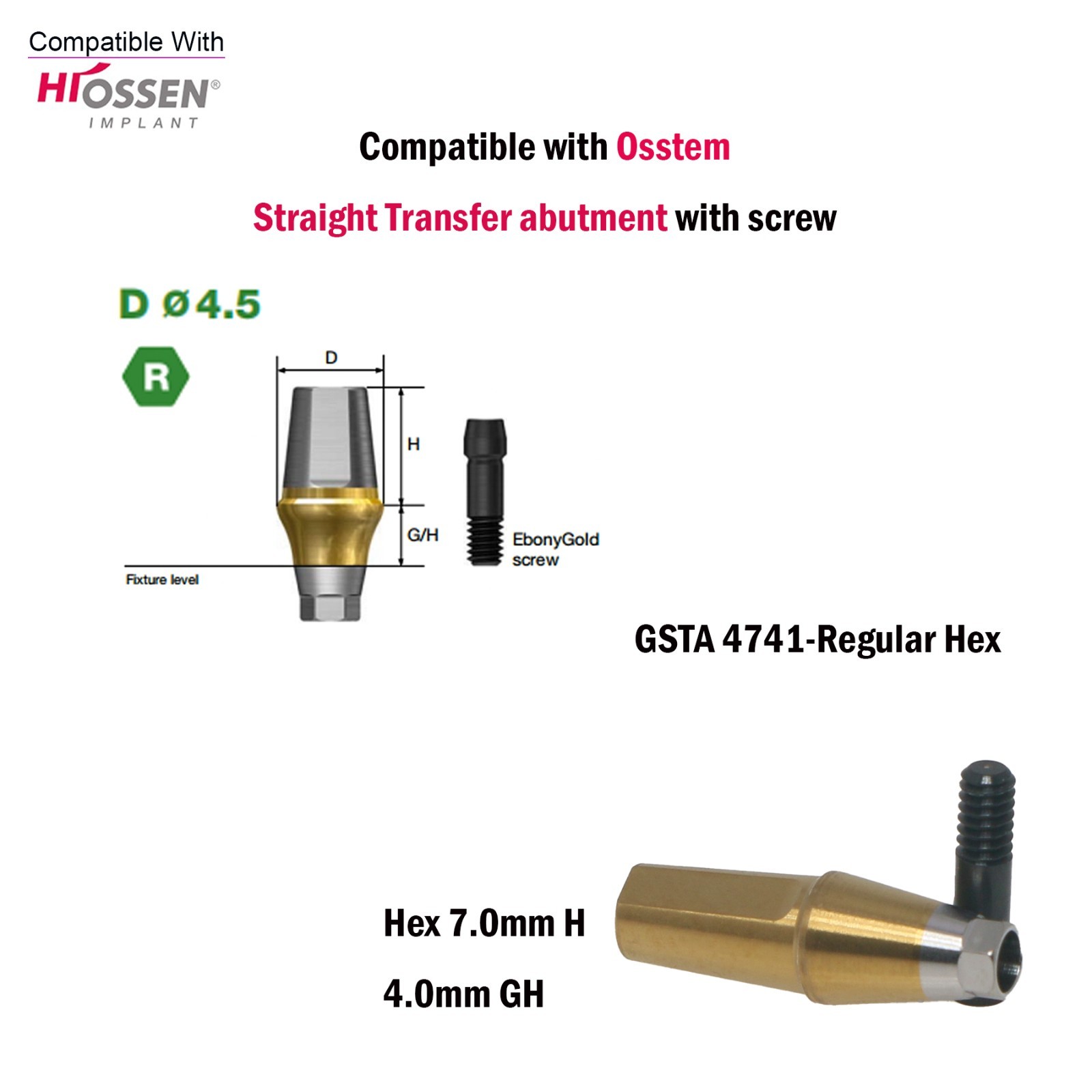 US Dental Straight Transfer Abutment Hex Regular Ø4.5For Osstem Hiossen TS 1-5mm