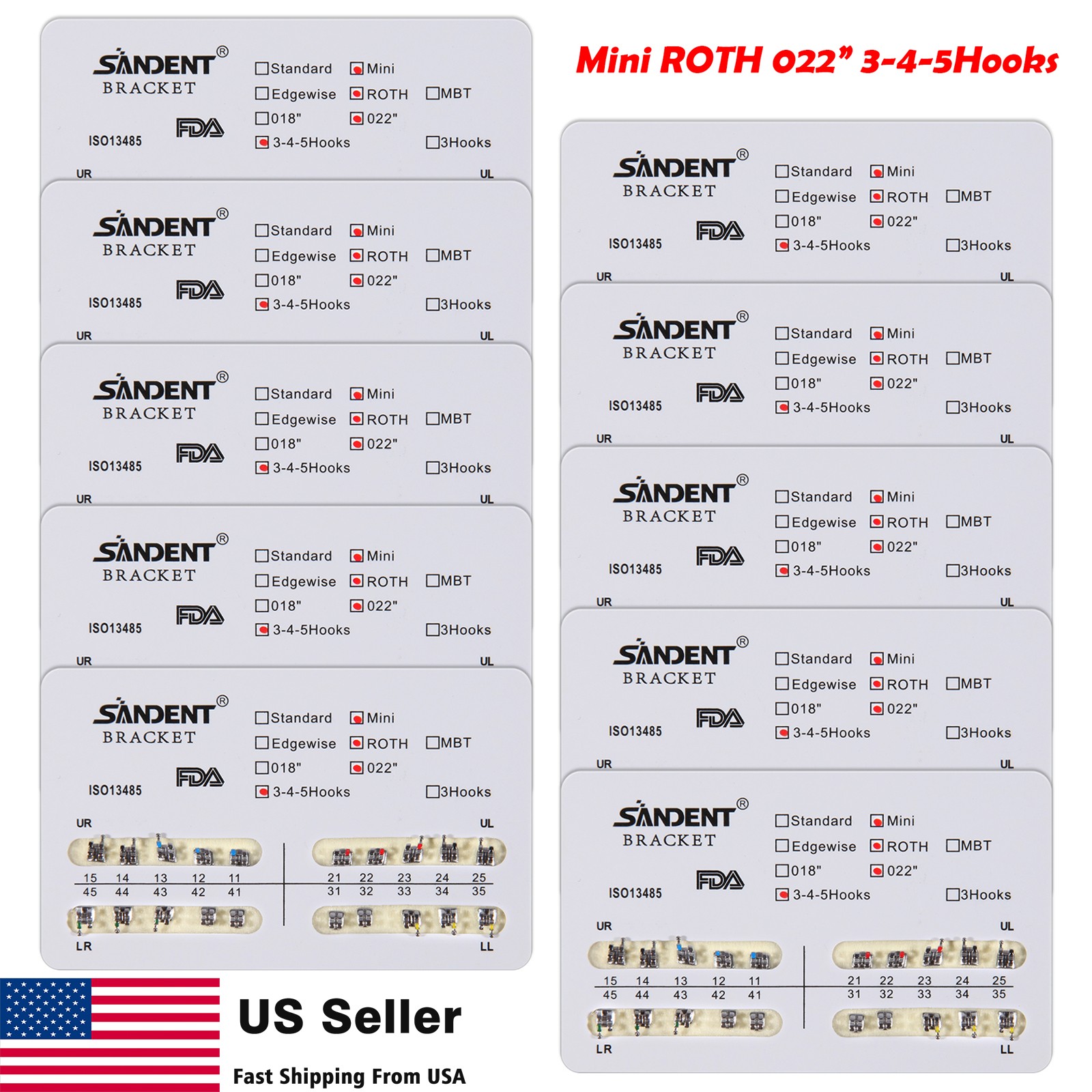 10 packs Dental Orthodontics Metal Bracket Braces Mini MBT 022″Slot Hooks 3-4-5