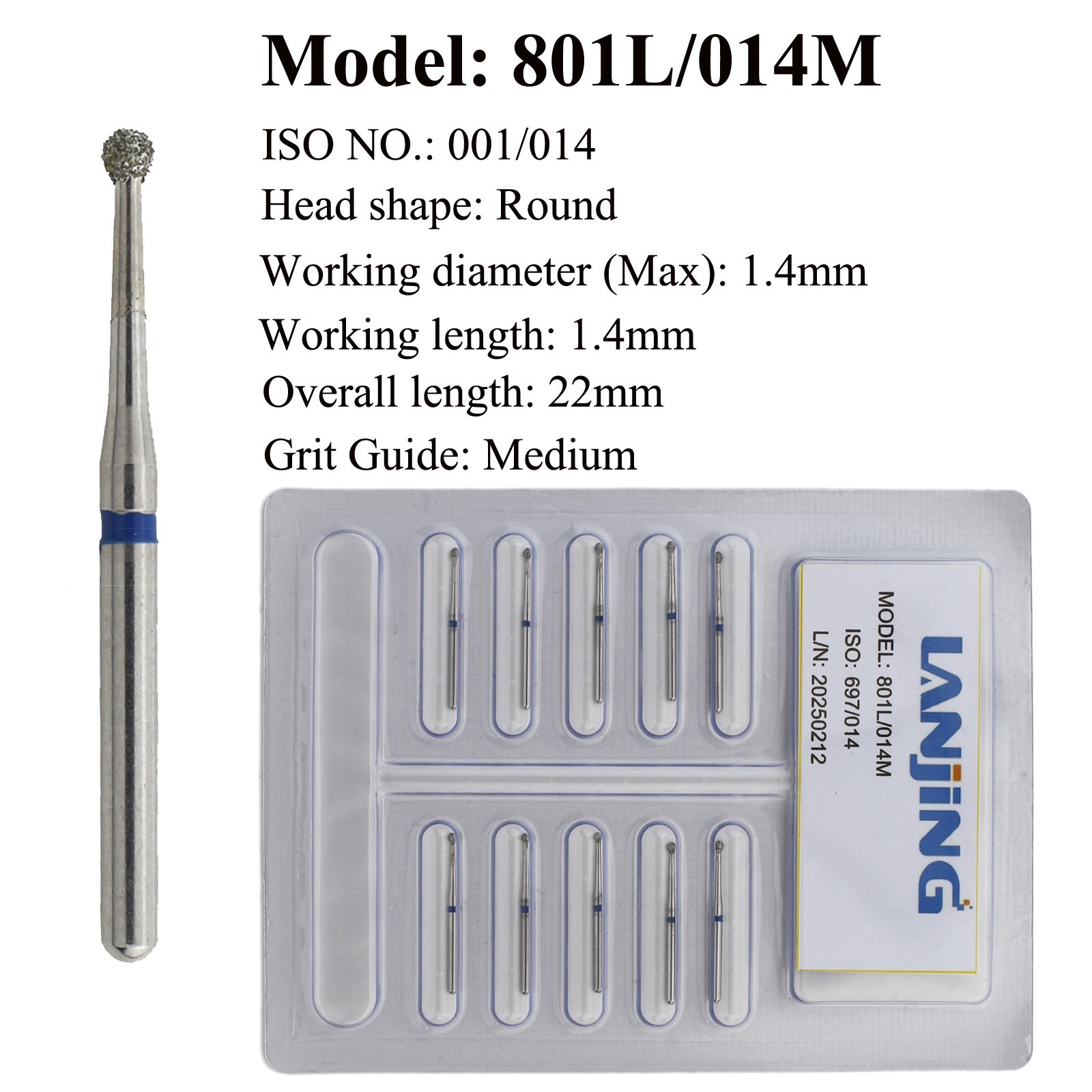 Dental Round Diamond Bur 22mm FG 801L/014 Medium Grit Burs High Speed Long Shank