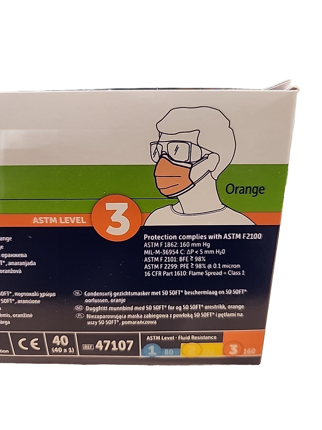 *40-Pieces* Halyard FluidShield Level 3 Procedure Face Mask Earloop Orange 47107