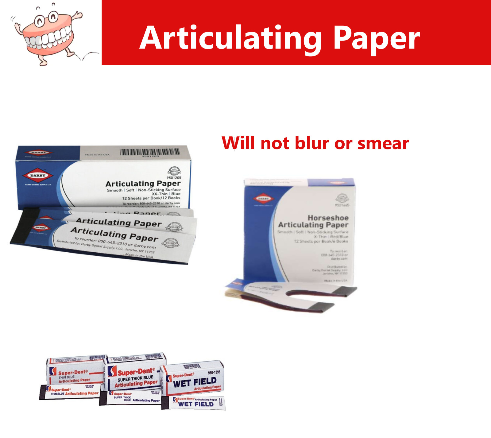 Dental Articulating Paper Thick / Thin / Horseshoe Sheets 144/Box Made in USA