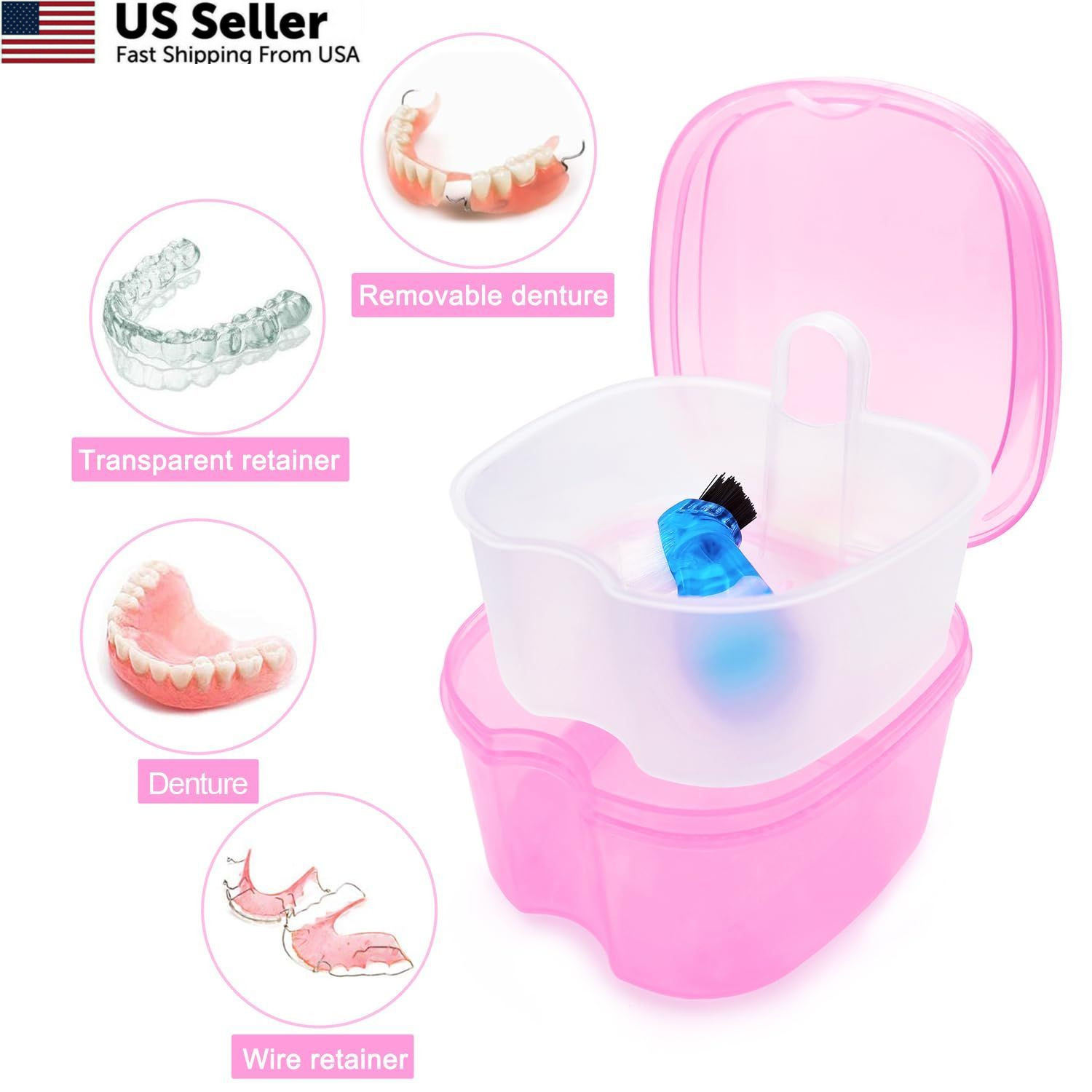 Denture Bath Case Soaking Cup with Brush, Holder Light Pink
